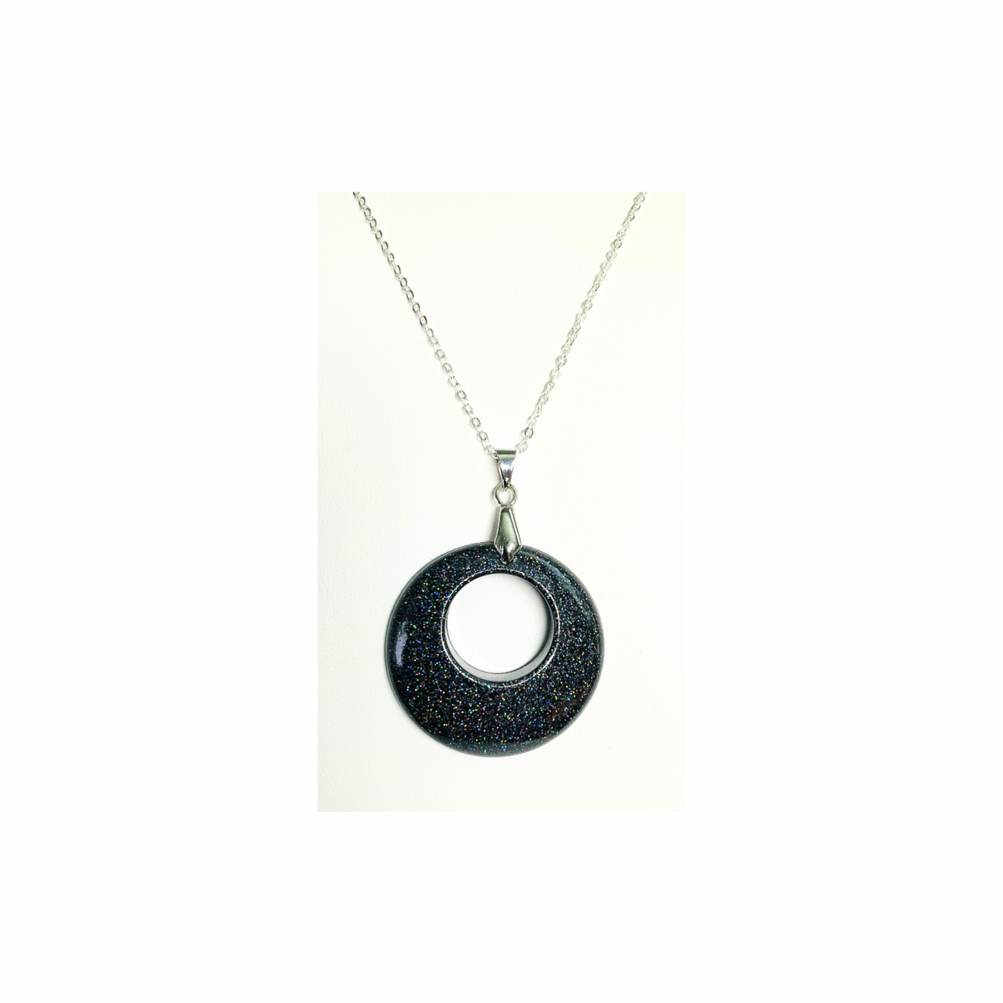 Black Sparkle Circle Necklace on 18-inch Silver Chain - Elegant Simple Design for Any Occasion
