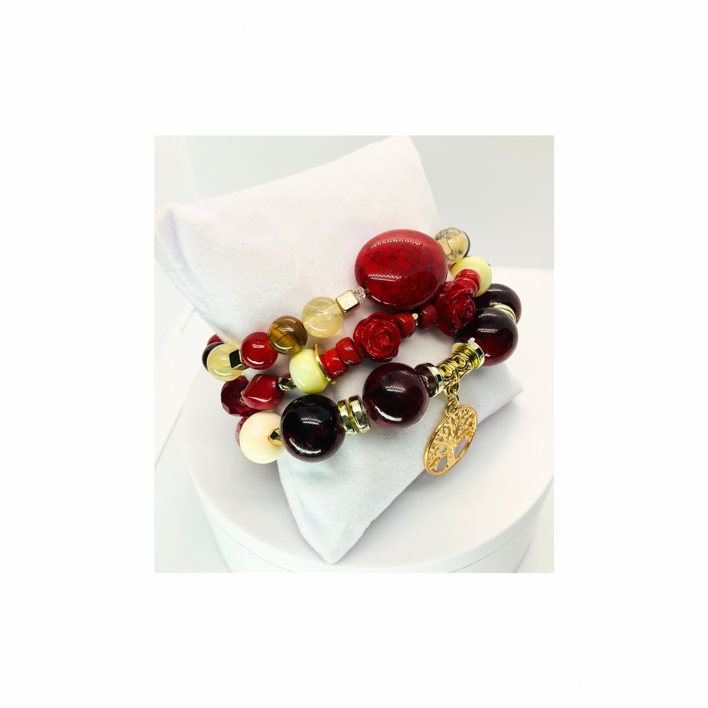 Red and Gold Set of Three Stretch Beaded Bracelets 7-inch Versatile Accessory for Everyday Wear or Special Occasions