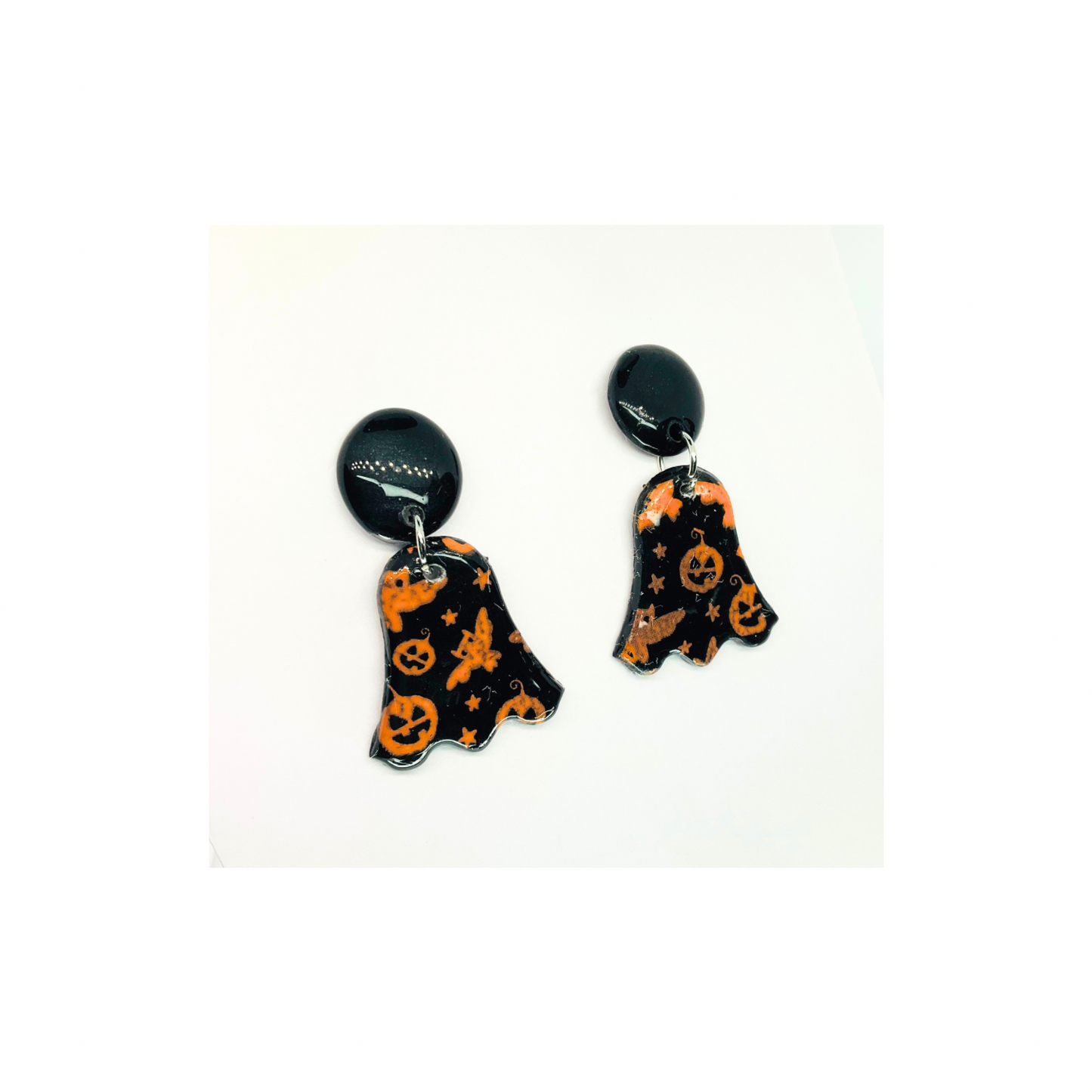Fall Collection Black and Orange Ghost with Stud Button Dangle Earring Halloween Design