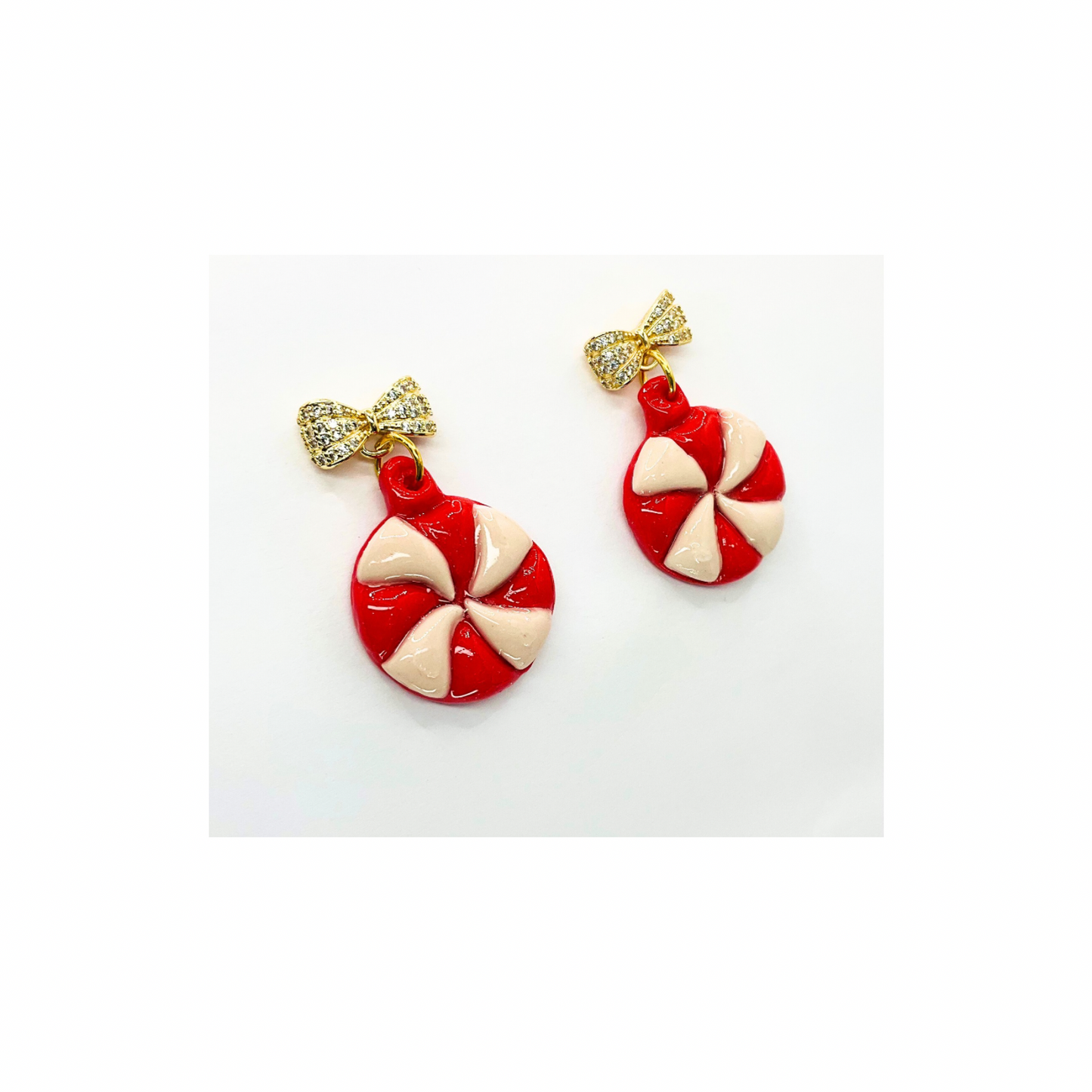 Starlight Peppermint with Gold Rhinestone Bow Stud Dangle Earrings Red & White Candy Design