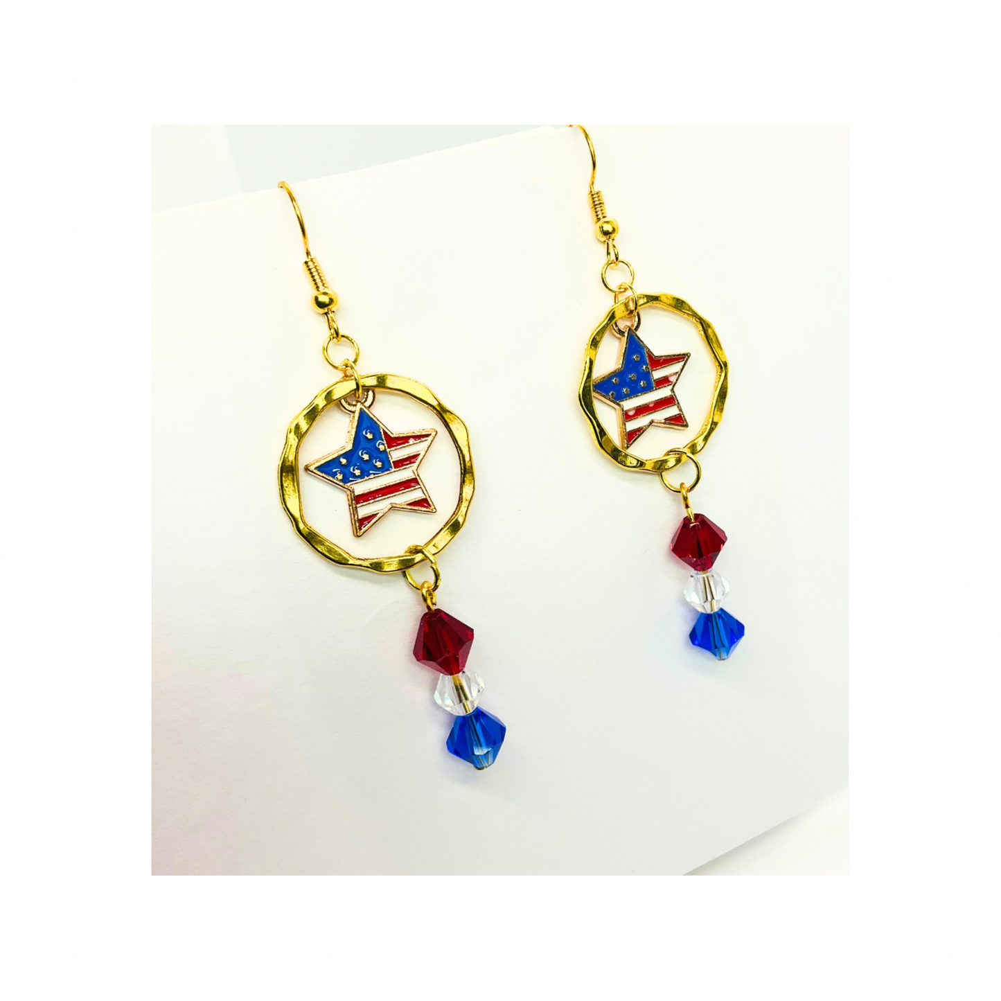 Patriotic Collection Star Flag Charm with Bead Dangle Earrings for Women - Patriotic Accessory with Red Blue & Clear Bead