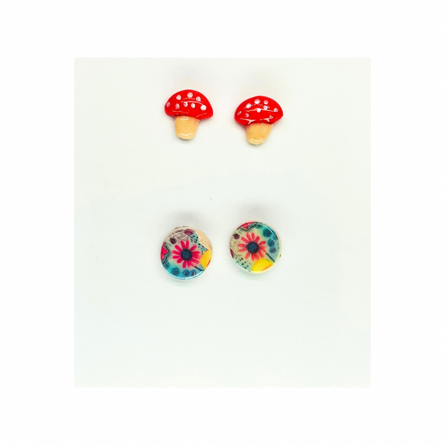 Fall Collection Mushroom and Flower Stud Earrings - Red and White Design