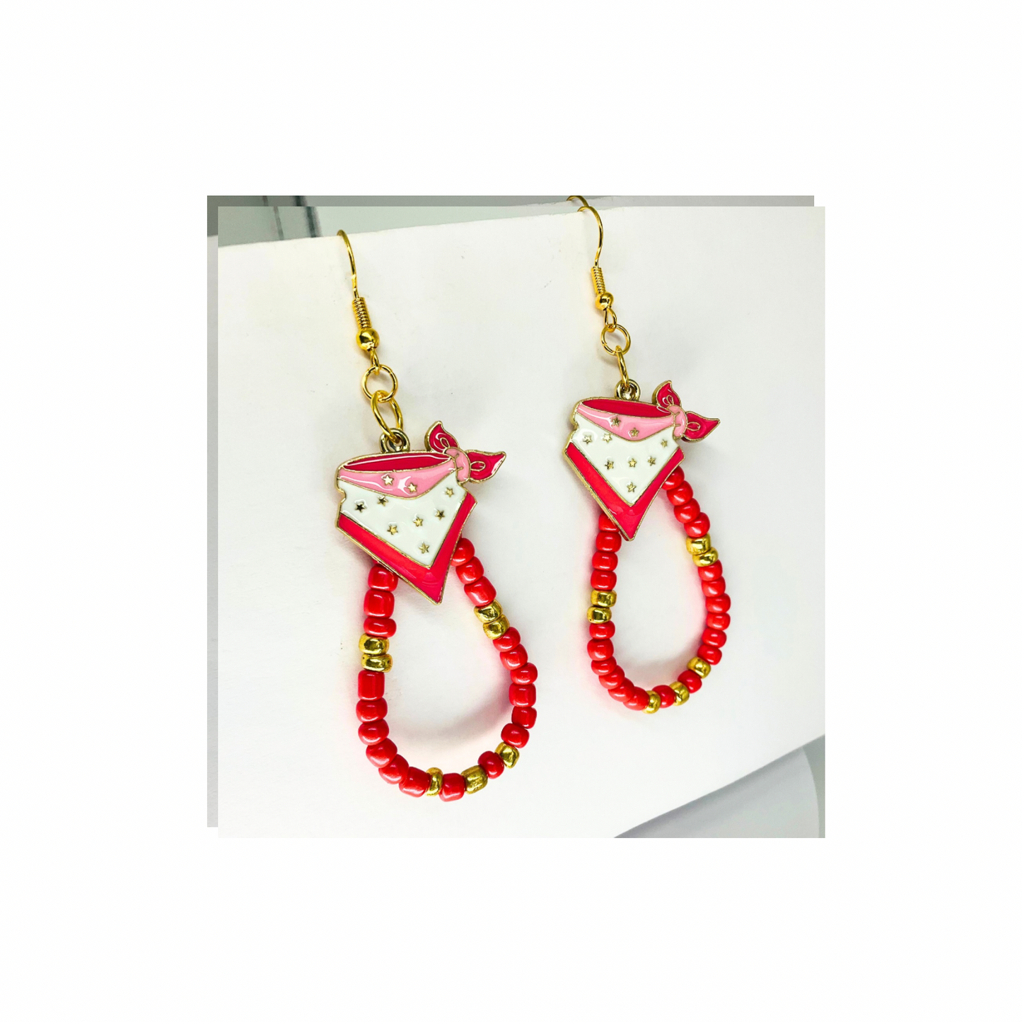 Teardrop Watermelon Pink and Gold Beads with Bandana Charm Earrings