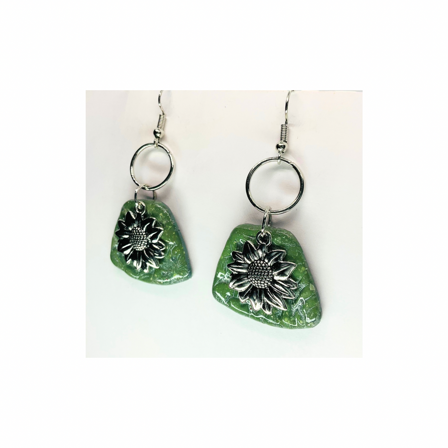 Jade Green and Silver with Sunflower Charm Dangle Earrings - Unique Design Jewelry Accessory