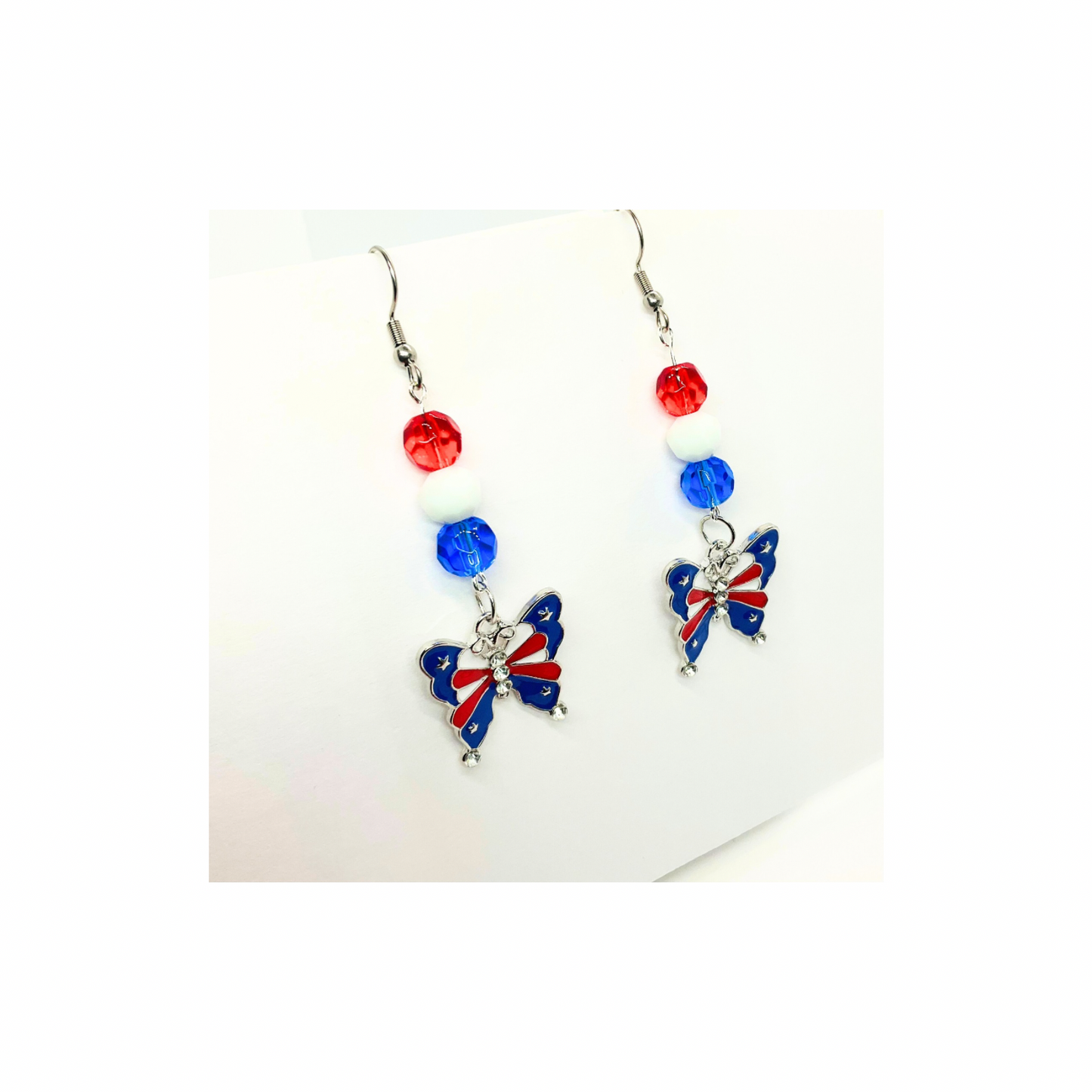 Patriotic Collection Butterfly Charm with Bead Dangle Earrings - Elegant Red White Blue Beads & Patriotic Butterfly Design for Women