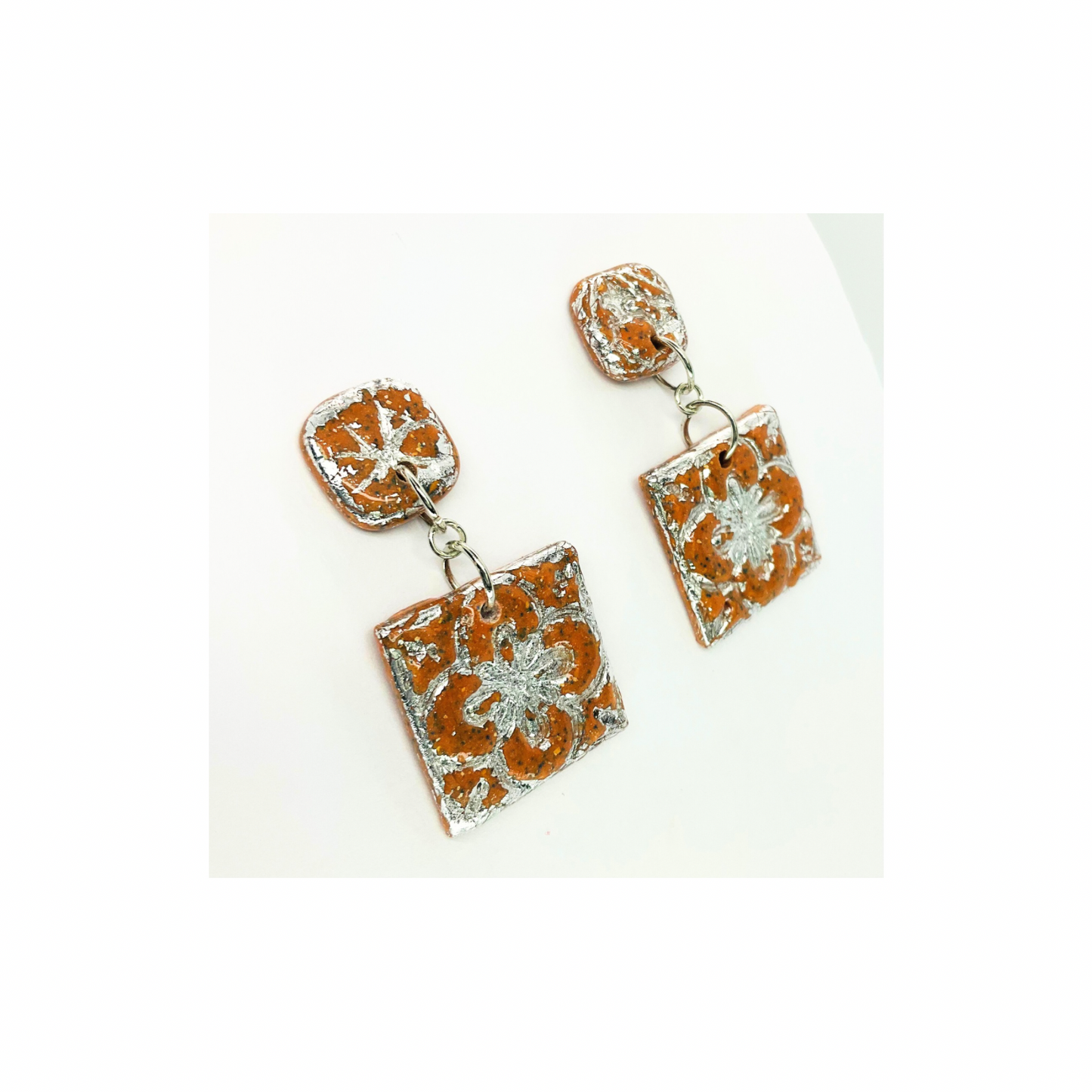 Terracotta Tile Stud Square with Silver Accents Dangle Earrings - Teracotta and Silver Design