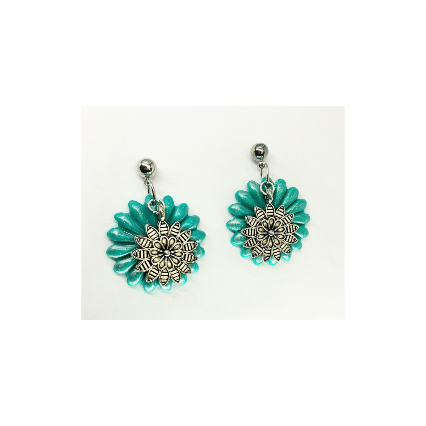 Turquoise Flower Dangle with Silver Flower Charm on Ball Silver Ball Stud Earrings-Crafting By BB