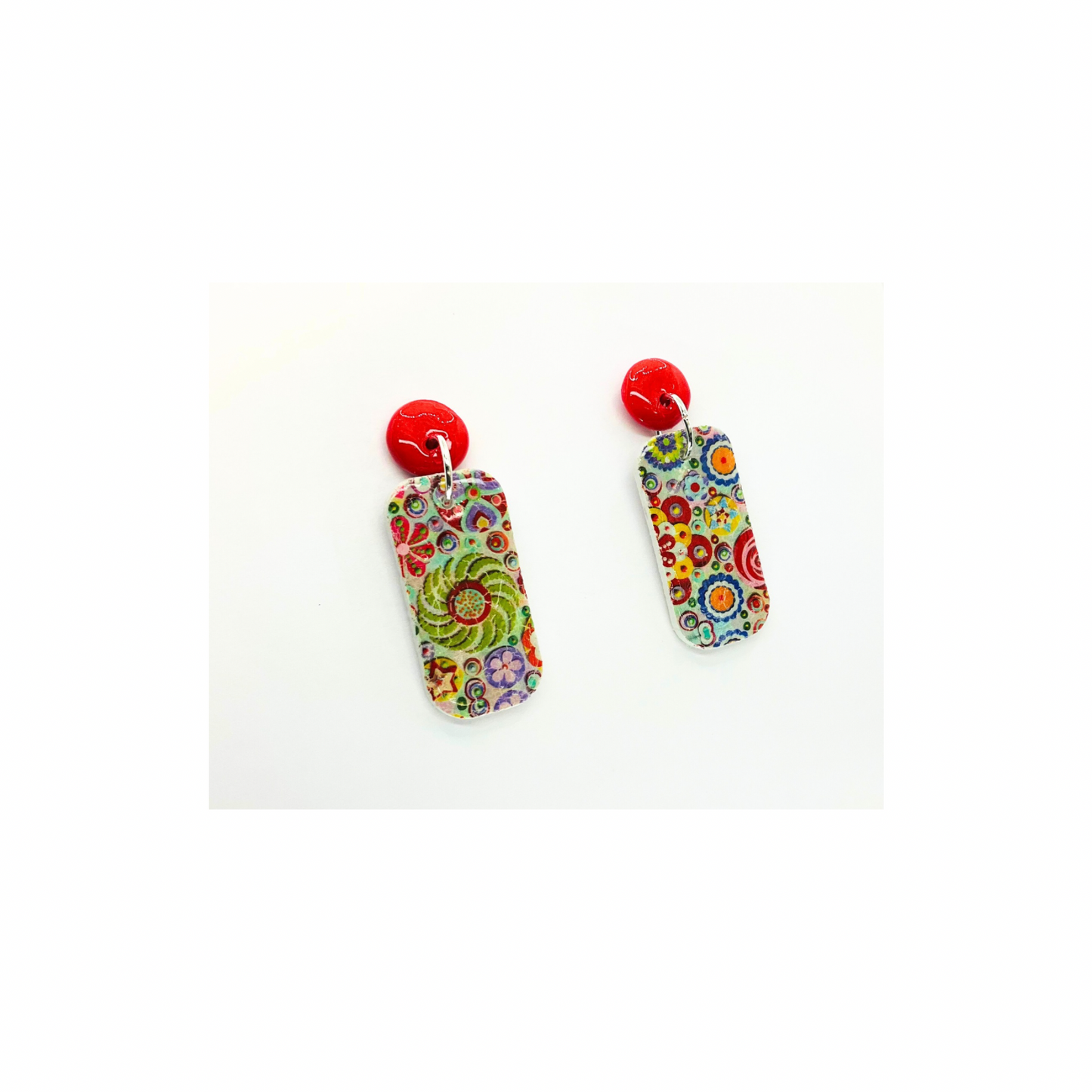 Whimsical Red and Green Rectangle Dangle with Red Button Stud Earrings for Festive Outfits