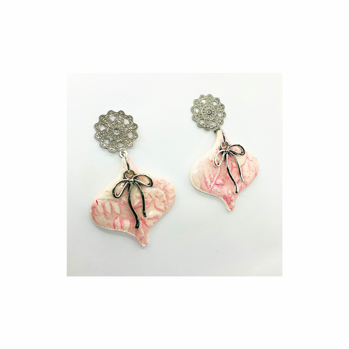 White and Pink Ornament with Filigree Silver Stud Dangle Earring for Elegant and Versatile Styling