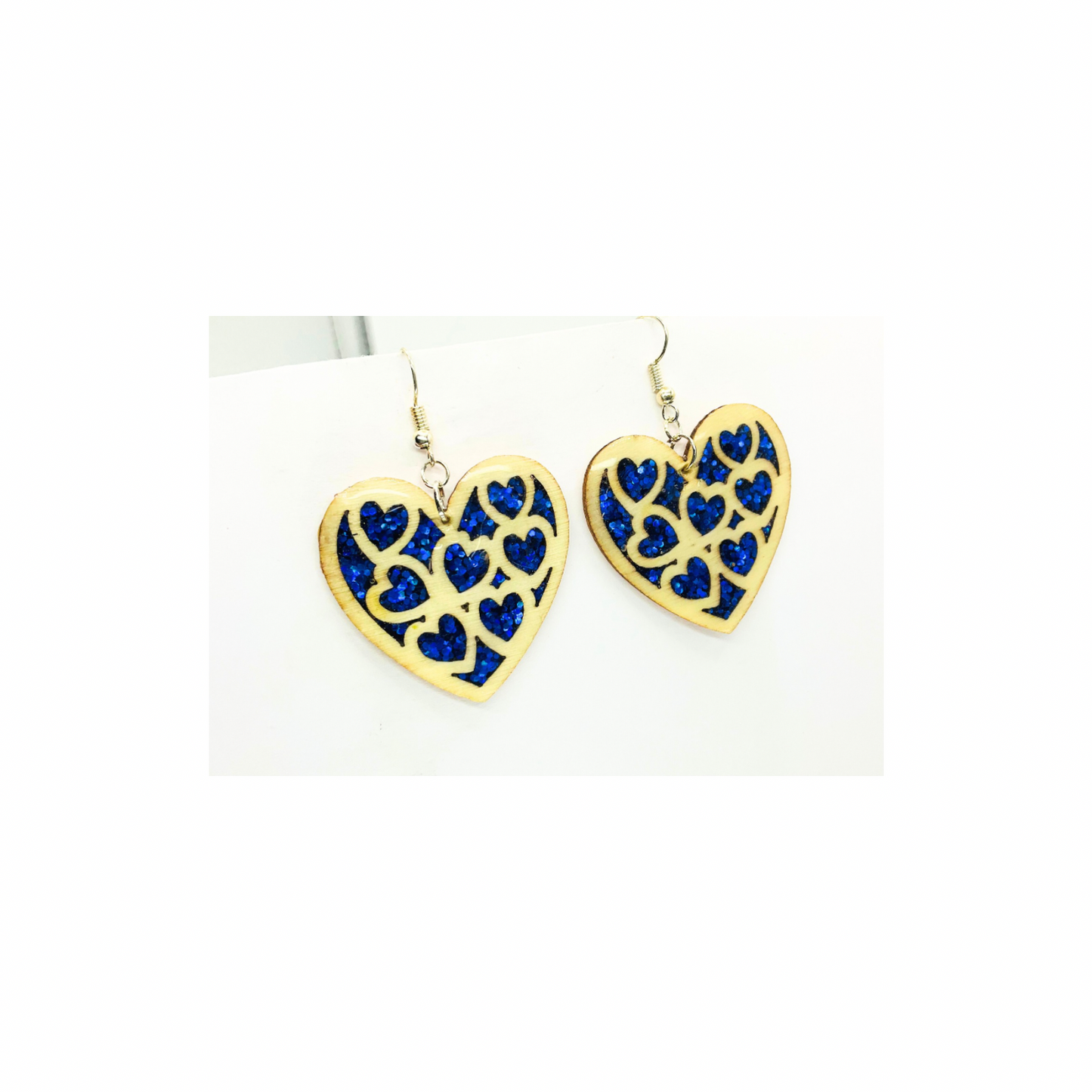 Blue Stained Glass Heart Earrings Handmade Wood Cutout with Sparkle Resin Silver Dangle Ear Hook Unique One-of-a-Kind Jewelry
