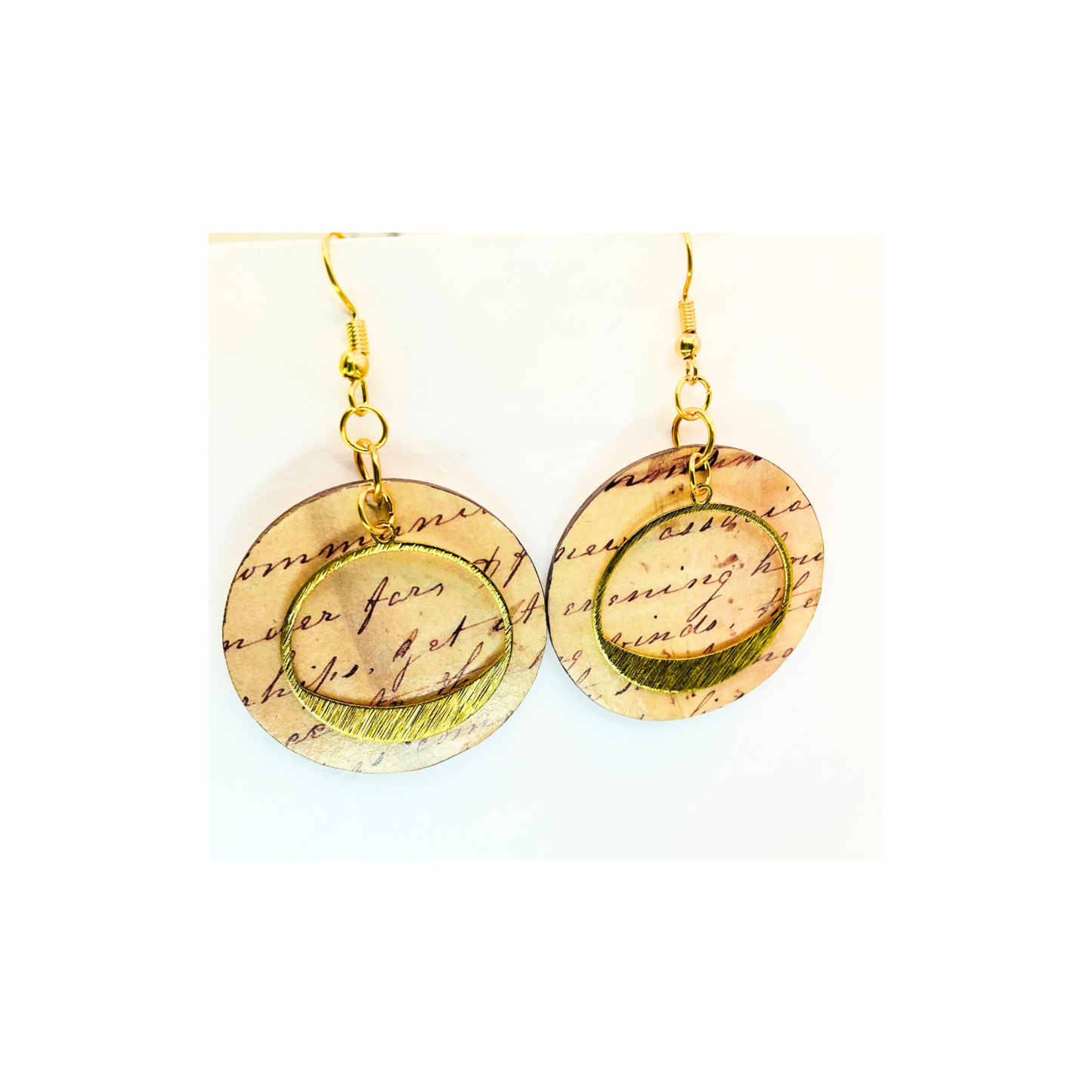 Dangle Earrings Round Wood with Tarnished Gold Circle Embellishment