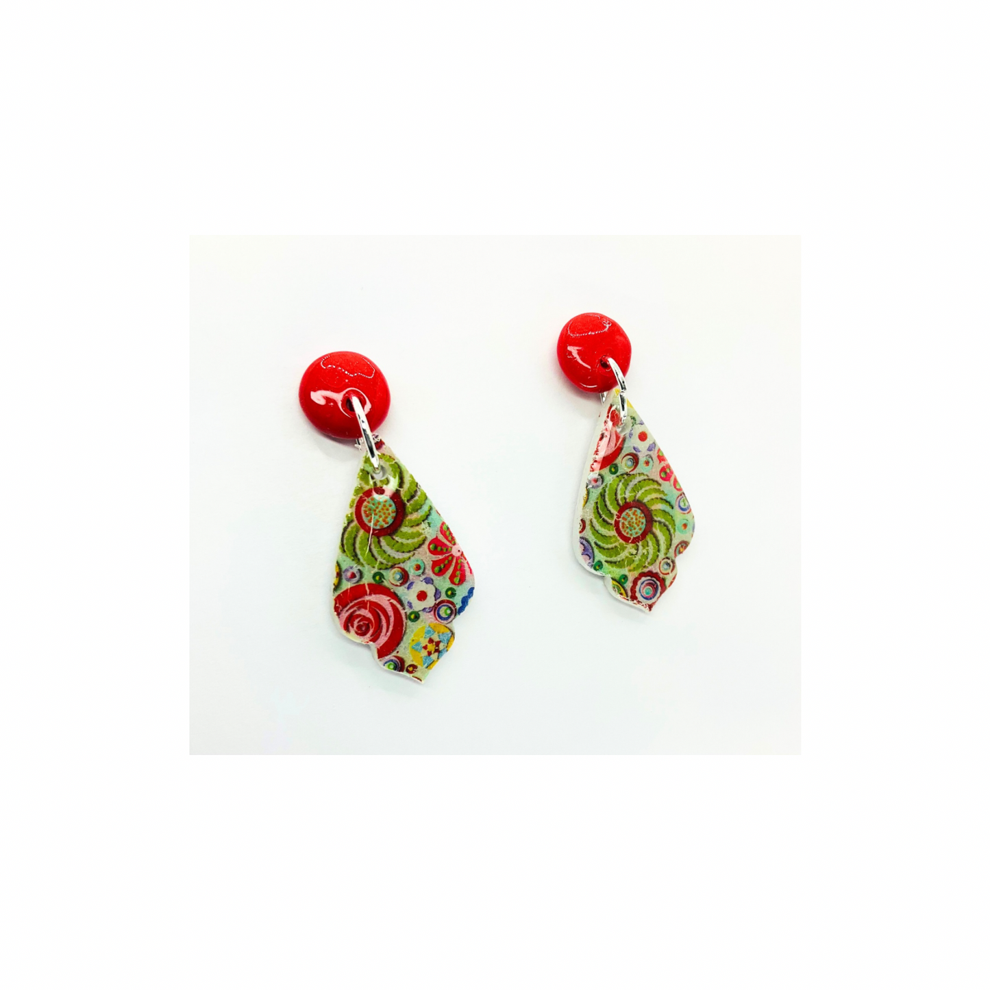 Whimsical Red and Green Teardrop with Red Button Stud Dangle Earrings for Festive Outfits