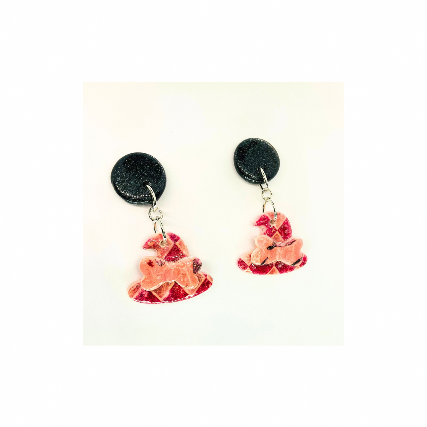 Wizard Collection Check Witch Hat with Bow Stud Earrings for Female - Black & Pink Design