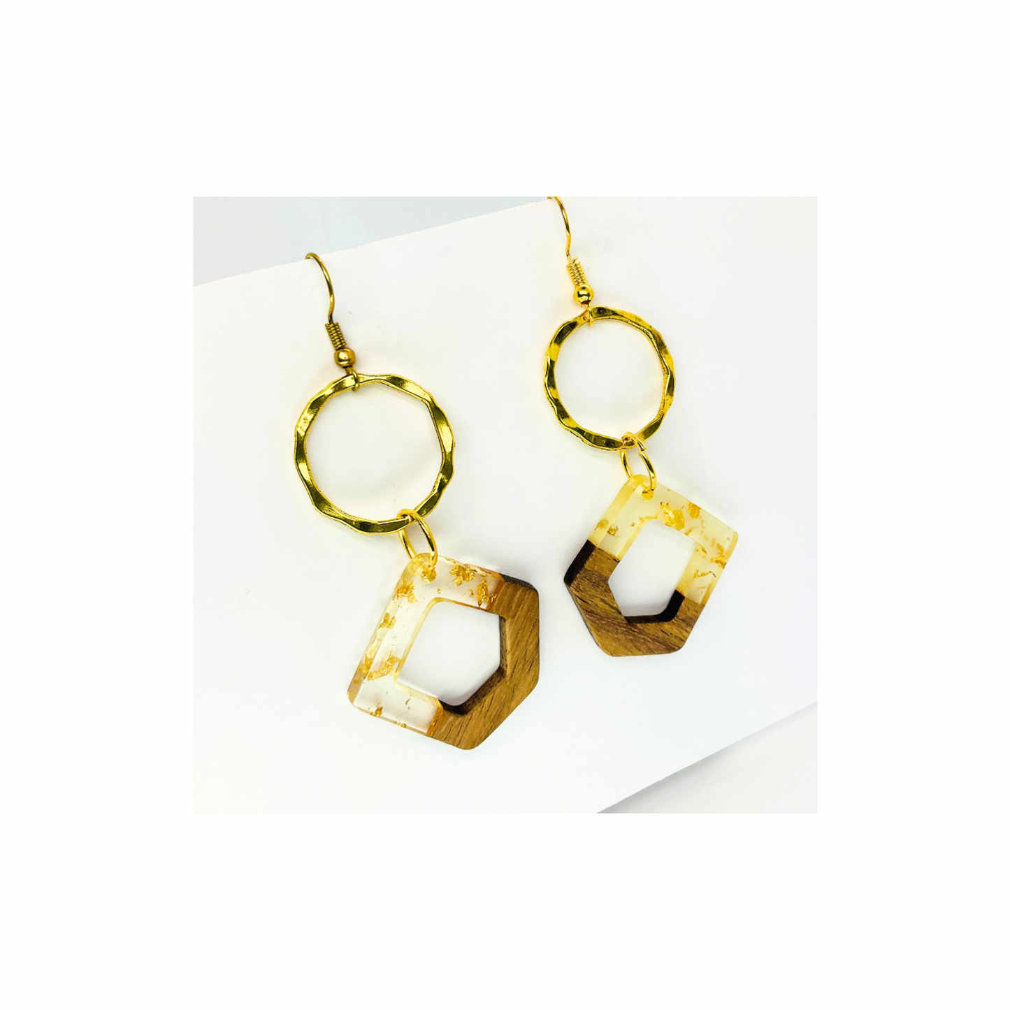 Boho Wood Collection Dangle Earrings - Gold-Tone Geometric Design with Circular Hoops and Square Pendants