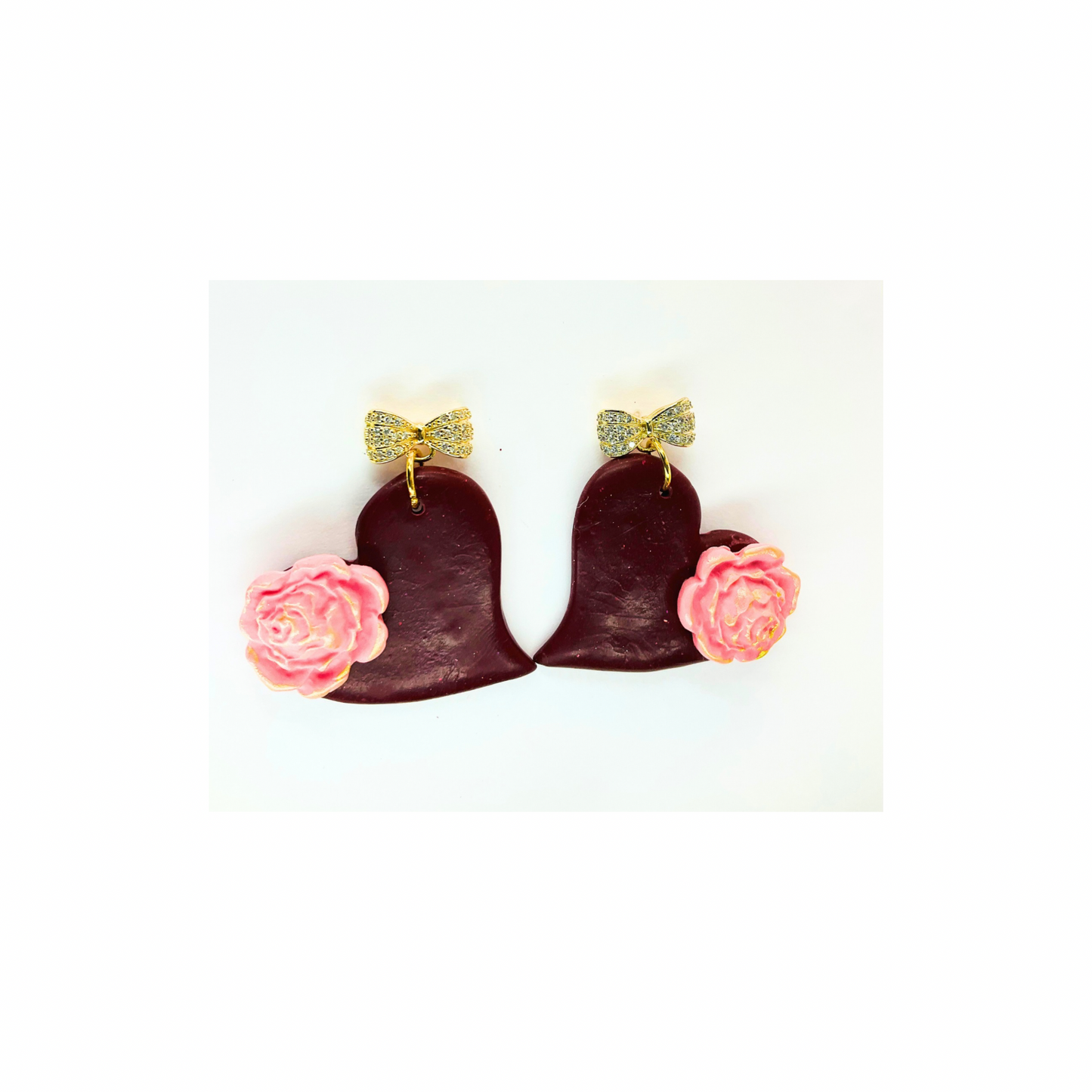 Burgundy Heart Dangle with Pink Flower and Gold Rhinestone Stud-Crafting By BB
