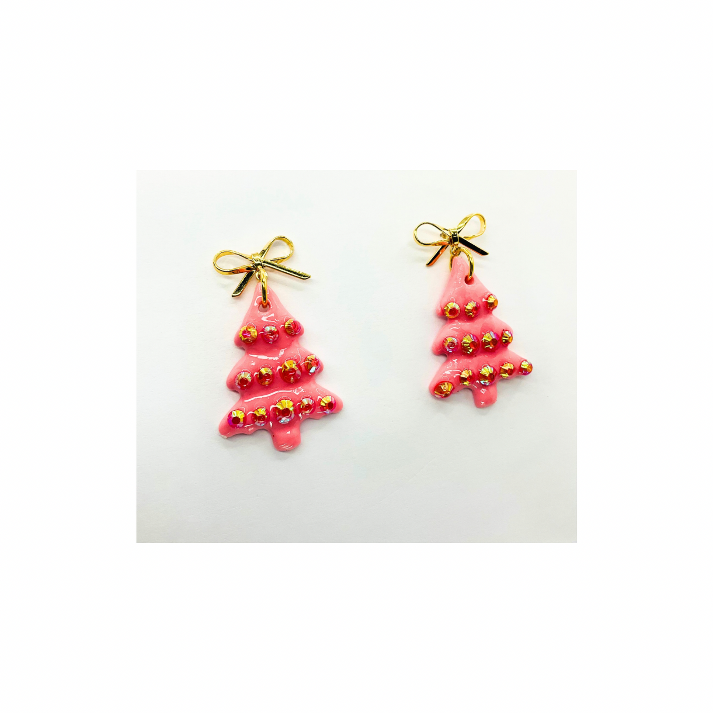 Pink Rhinestone Tree with Gold Bow Stud Dangle Earrings for Festive Wear