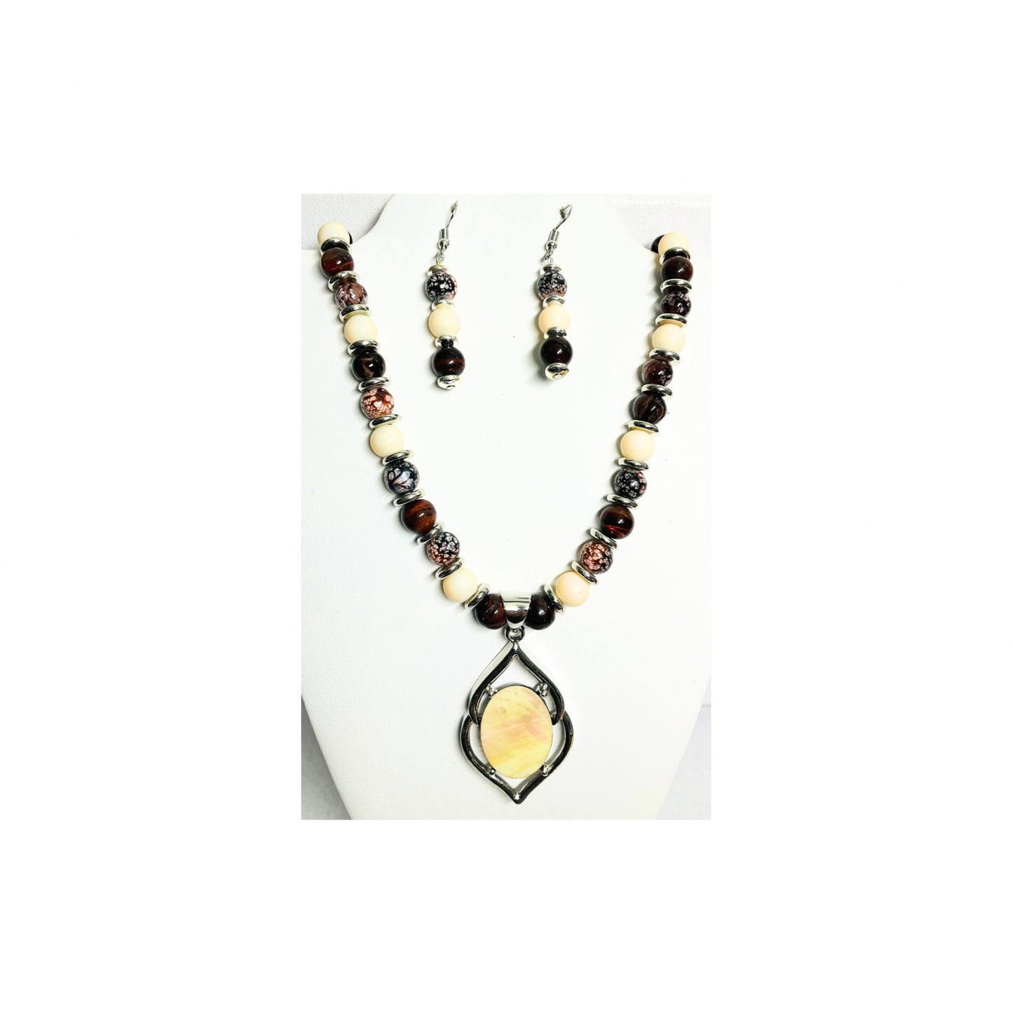 Beaded Necklace and Dangle Earring Set: Mother of Pearl Pendant