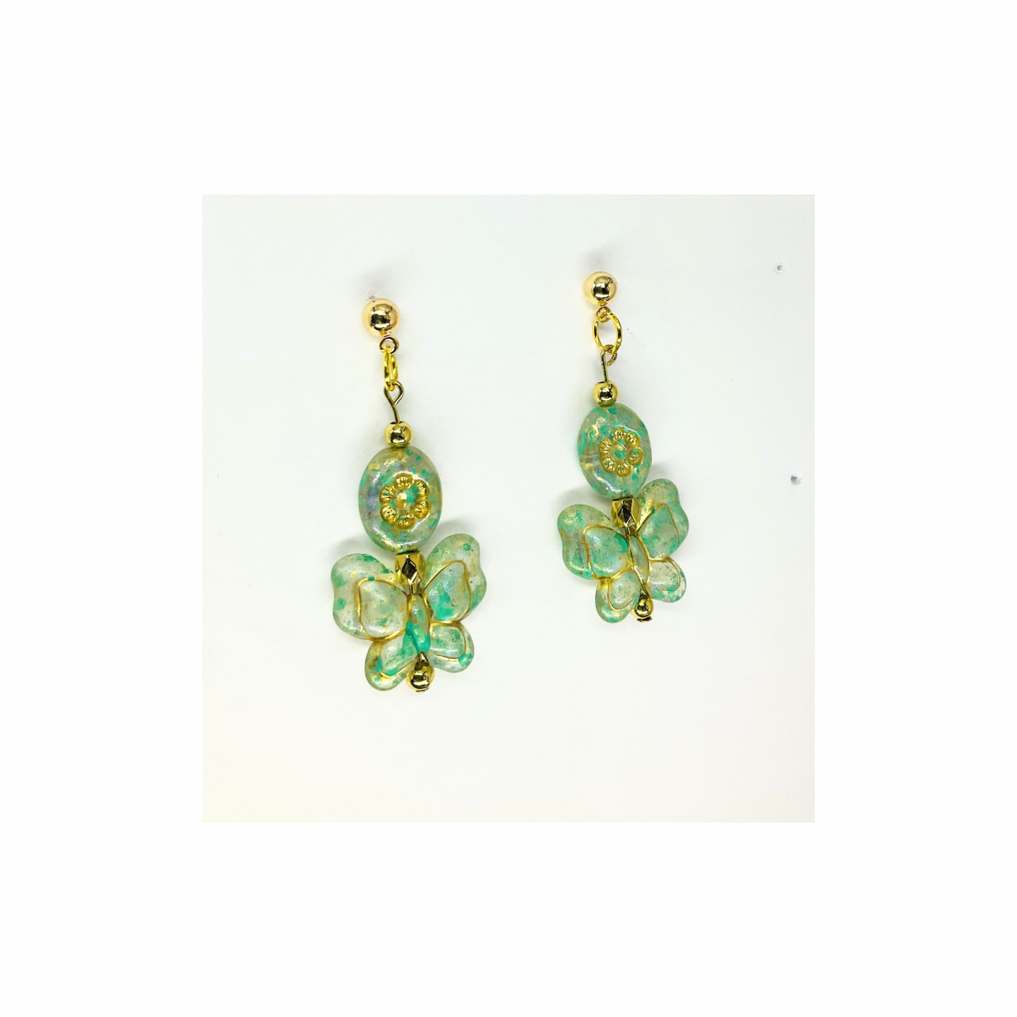 Green and Gold Bohemia Czech Butterfly Beads with Gold Ball Stud Dangle Earrings-Crafting By BB