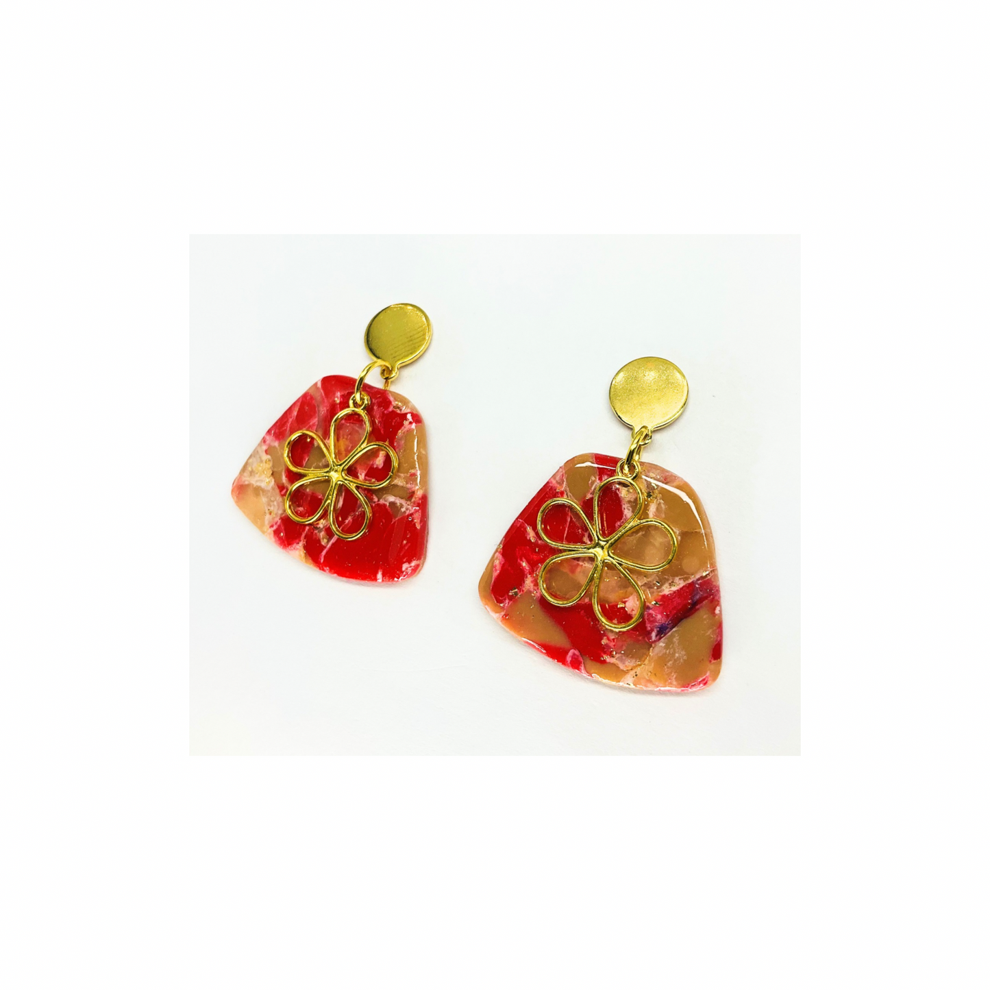 Red and Tan Dangle with Gold Charm and Gold Button Stud Earrings-Crafting By BB