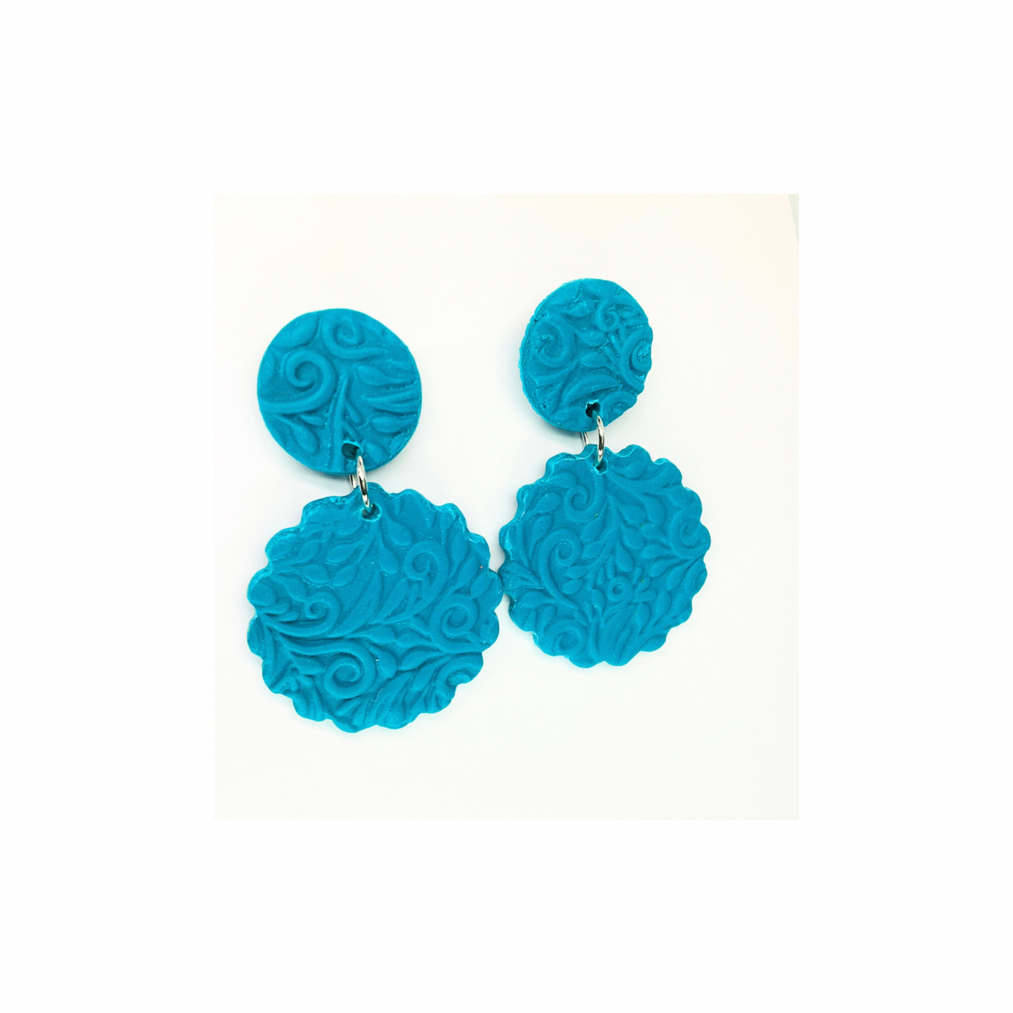 Crystal Teal Textured Circle Stud Dangle Earrings with Intricate Floral Design for Women's Fashion