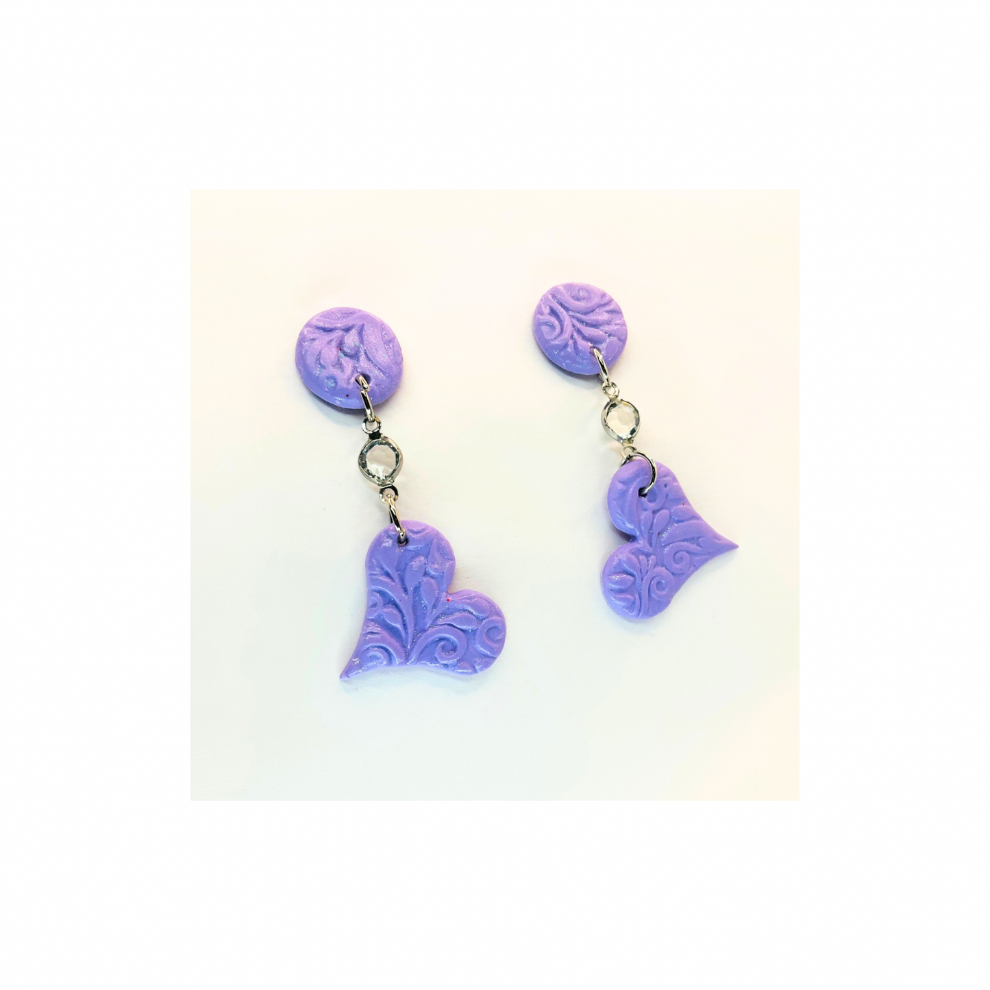 Purple Heart Dangle with Rhinestone and Button Stud Earrings