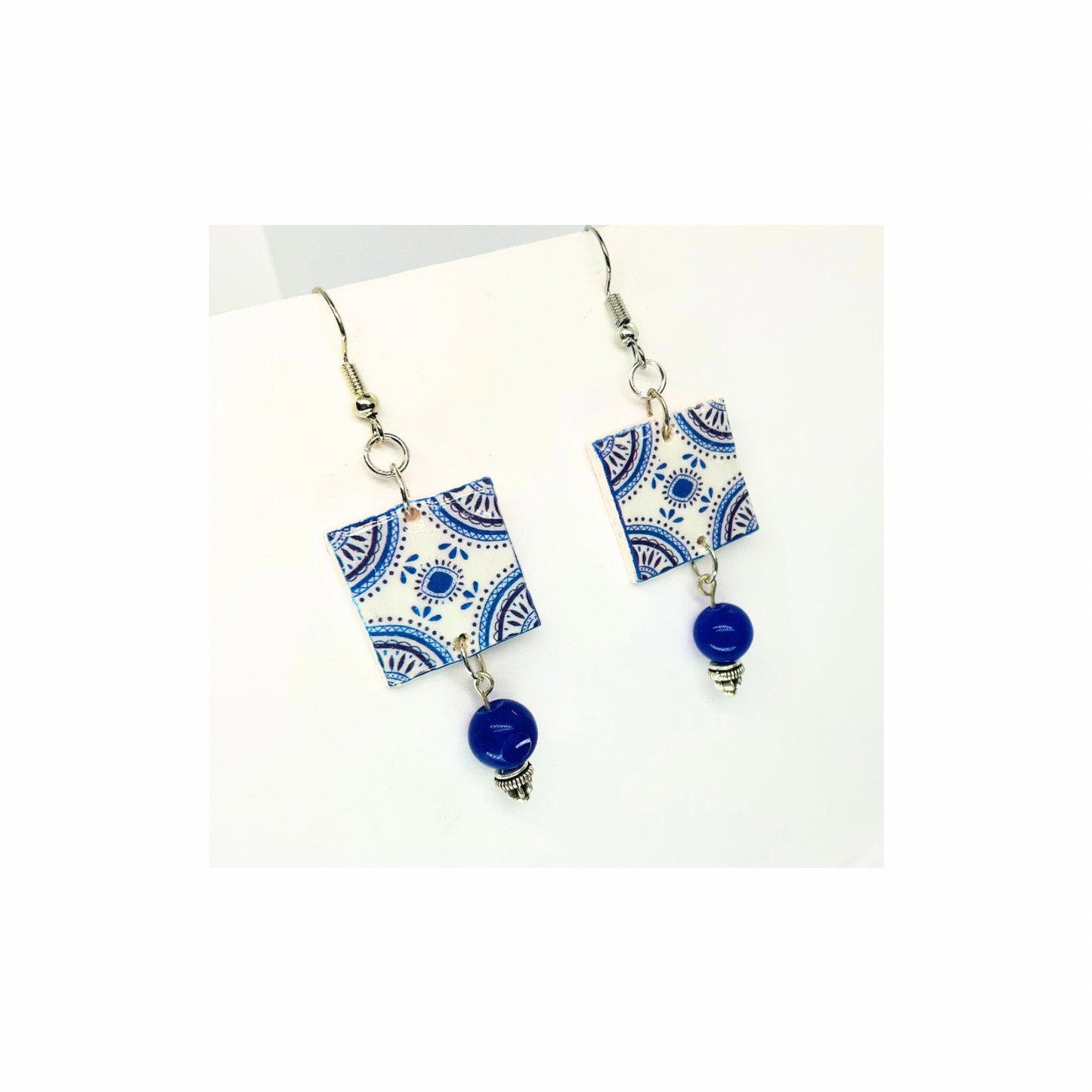 French Garden Collection Blue White Garden Tile Dangle Earring with Blue Bead Accents