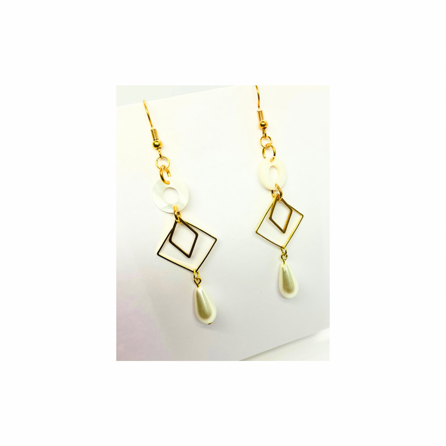 Spot Cream and Gold Collection Pearl Charm Dangle Earrings with Geometric Design and Pearl Drop Jewelry