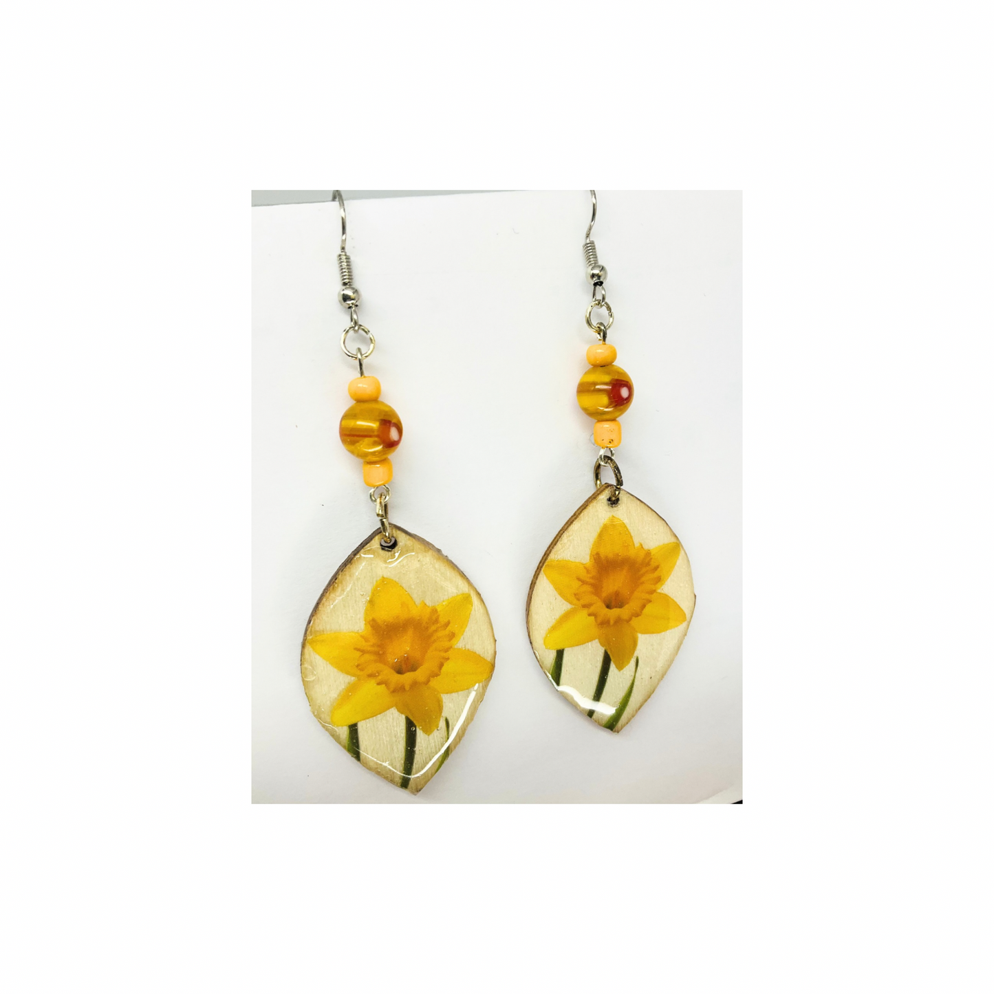 Yellow Flower Wood Dangle with Bead Embellishment Earrings-Crafting By BB