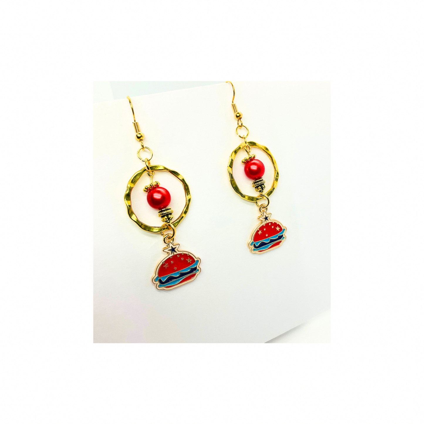 Patriotic Collection Gold Circle with Hamburger Charm Dangle Earrings