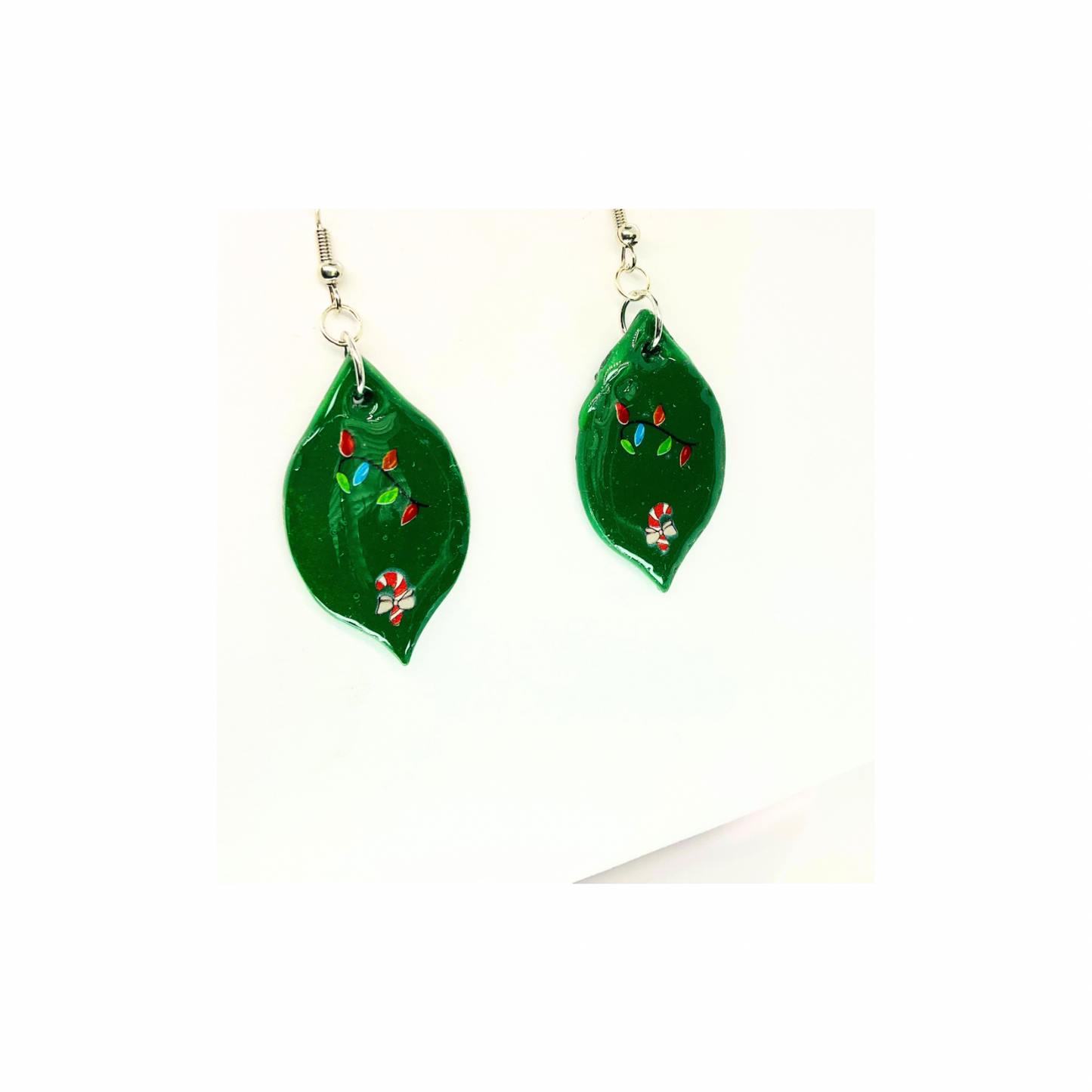 Christmas in July Collection Green Ornament with Candy Cane Dangle Earrings