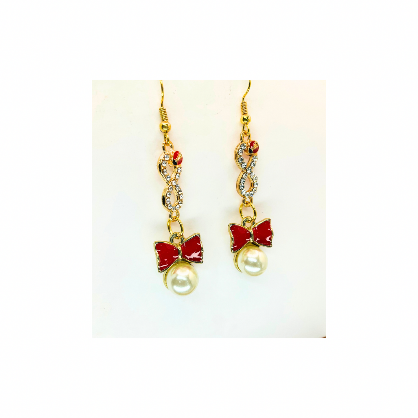 Red Bow with Pearl and Ladybug Rhinestone Dangle Earrings