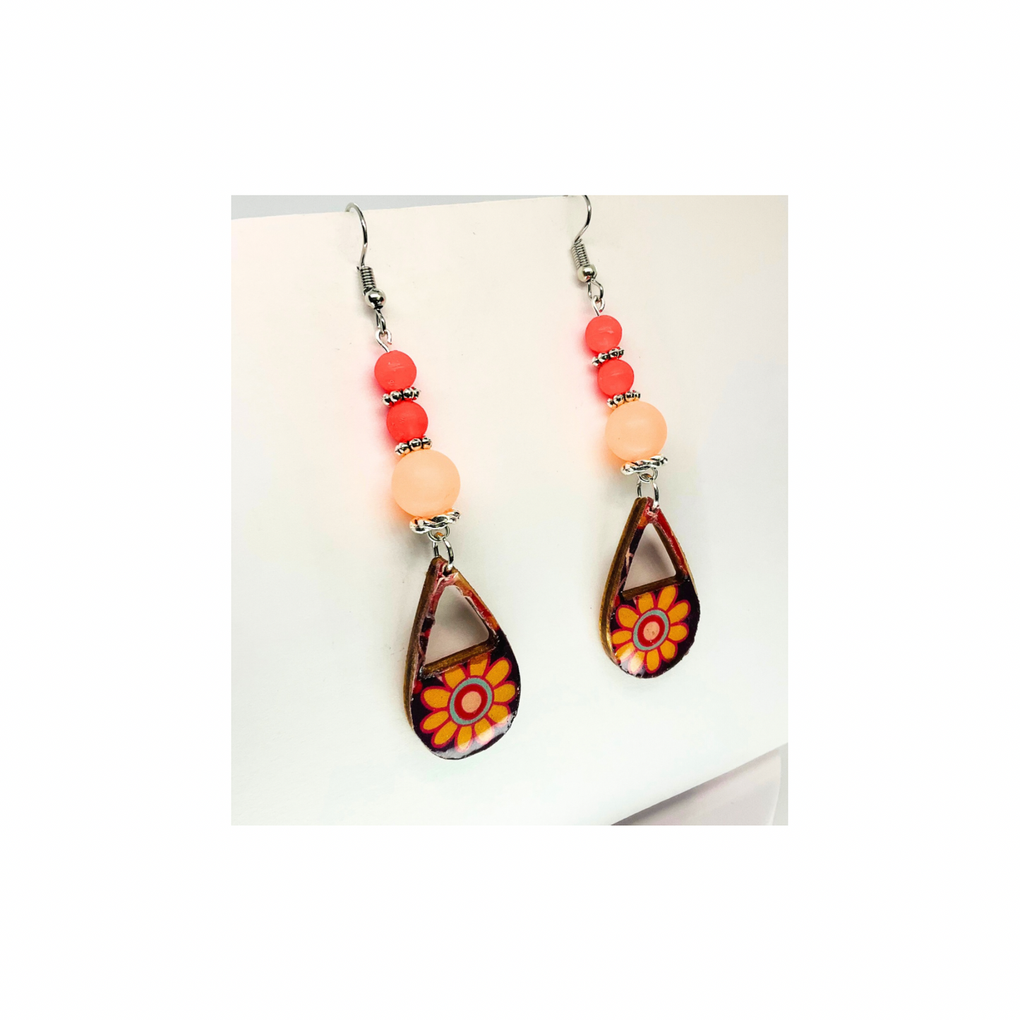 Bohemian Style Dangle Earring Handmade Wood Teardrop Decoupage Retro Paper Beads Orange & Silver Ear Wire Unique Artisan Jewelry