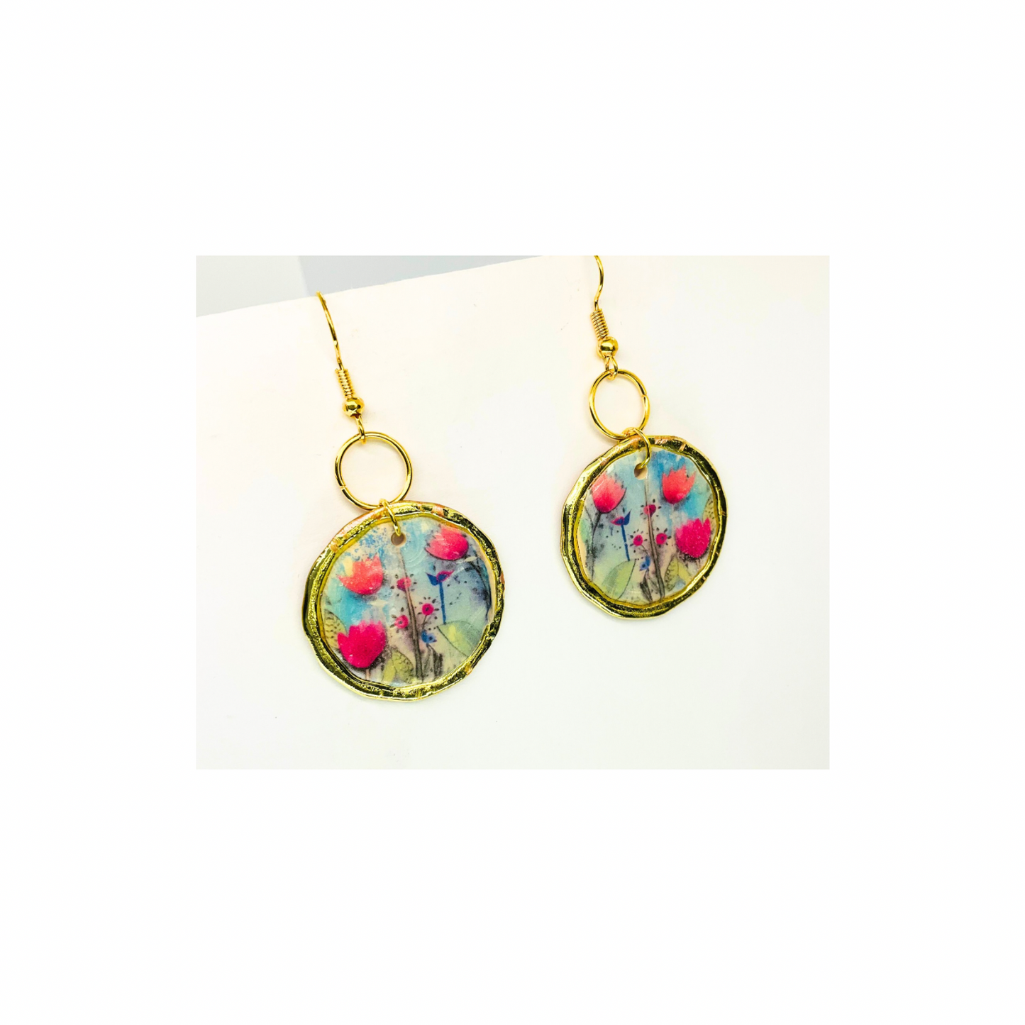 French Garden Collection Gold Round Floral Dangle Earring with Vibrant Pink and Blue Flowers for Elegant Looks