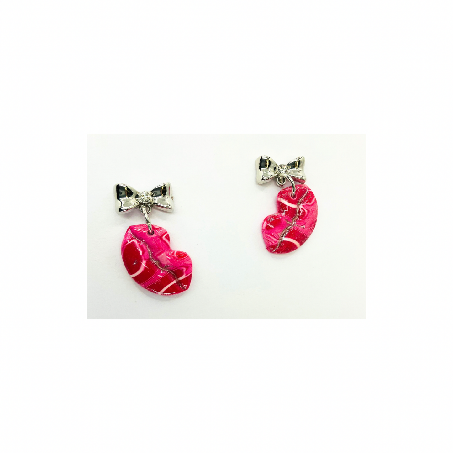 Pink Marble Lip Dangle with Silver Heart Studs