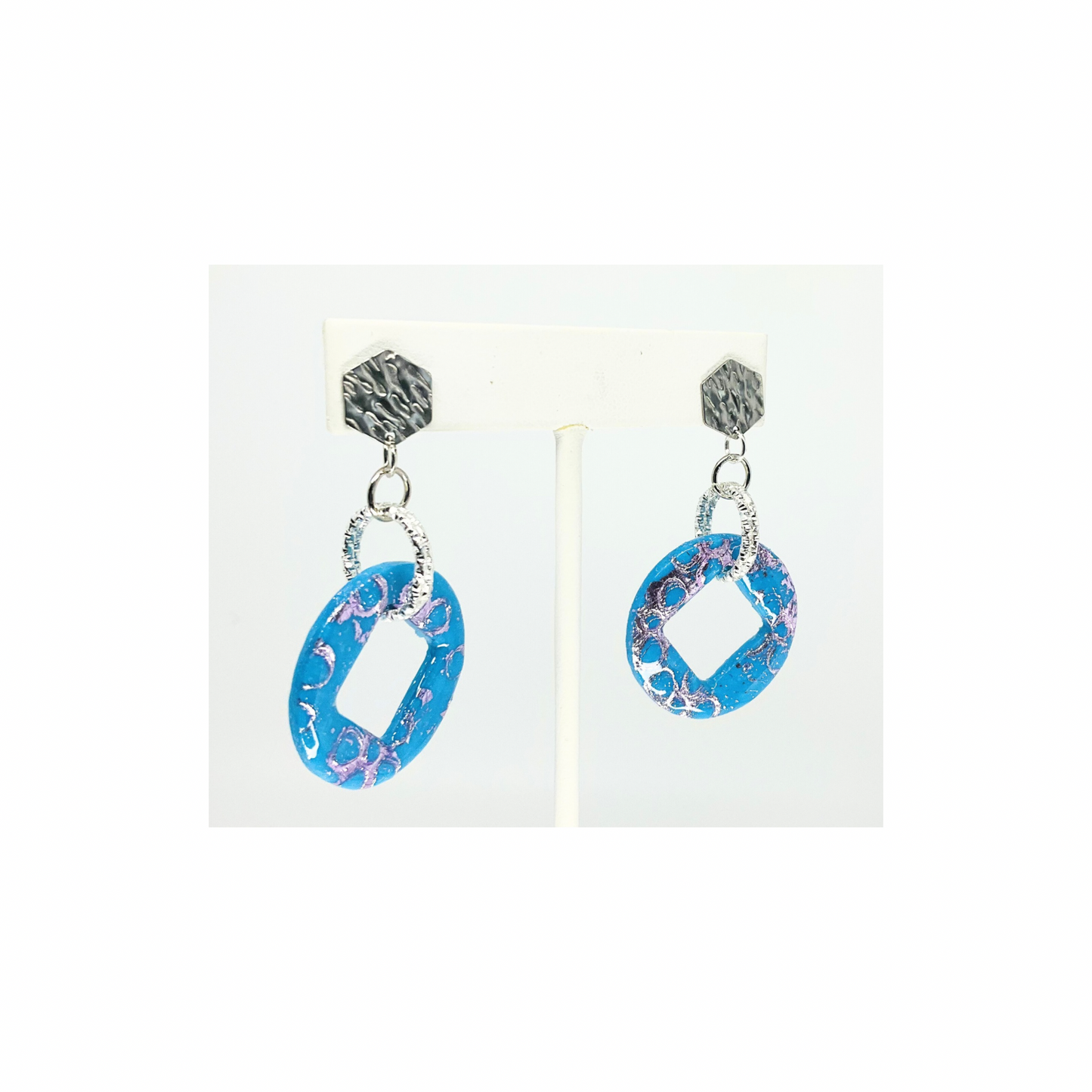 Azure Blue and Purple with Silver Hexagon Stud Dangle Earring-Crafting By BB