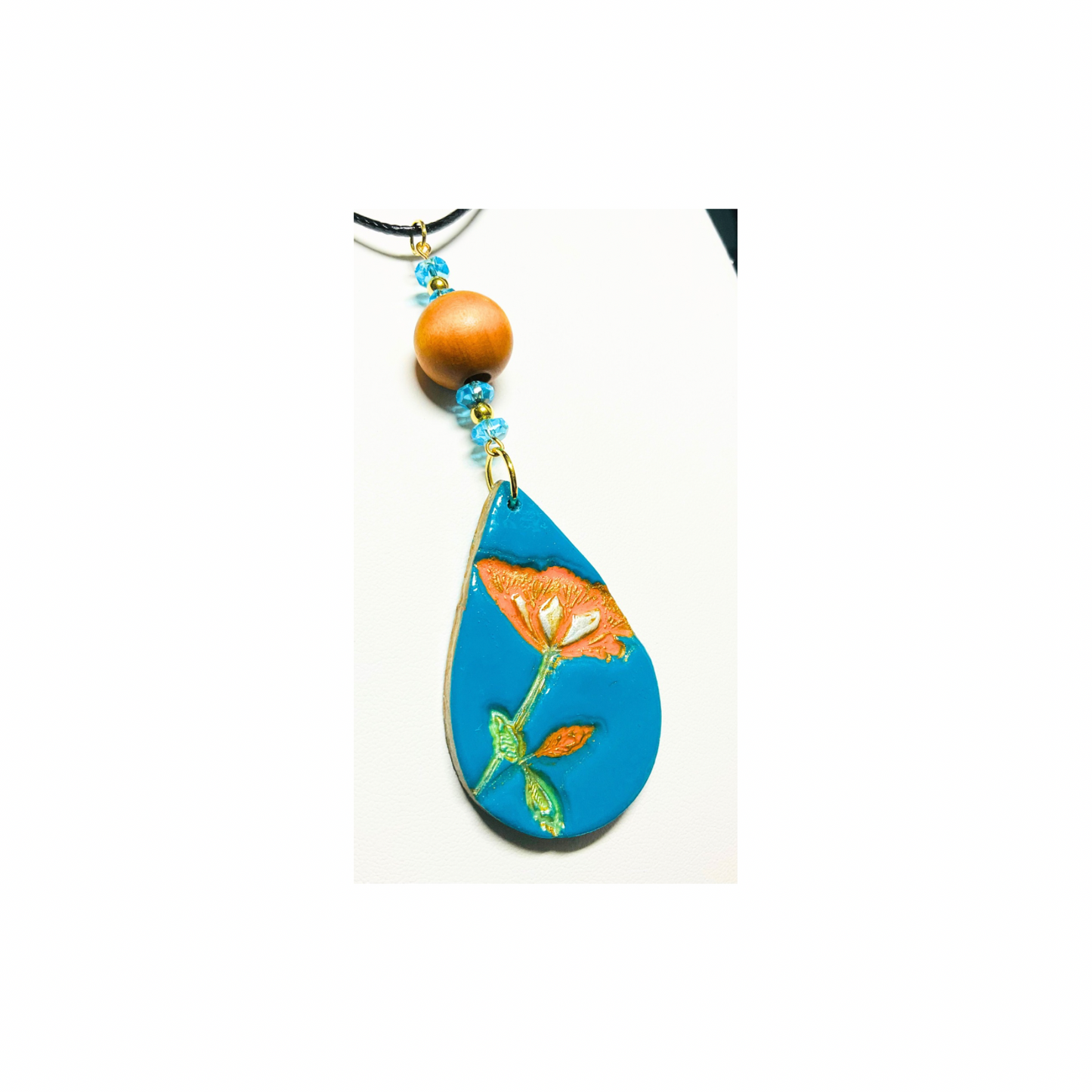 Turquoise Blue with Orange Flower Teardrop Pendant 18-inch Necklace - Unique Design Jewelry Piece