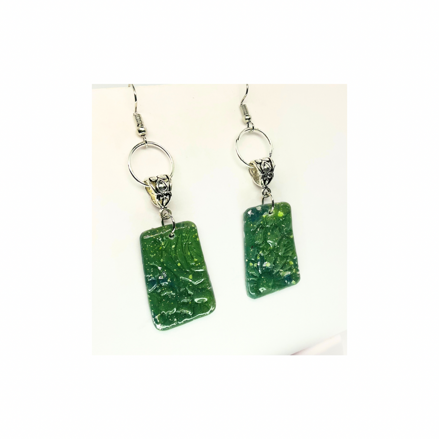 Jade Green Color with Silver Circle Dangle Earring - Simple Design Earrings Featuring a Rectangular Shape and Silver Circle Accent