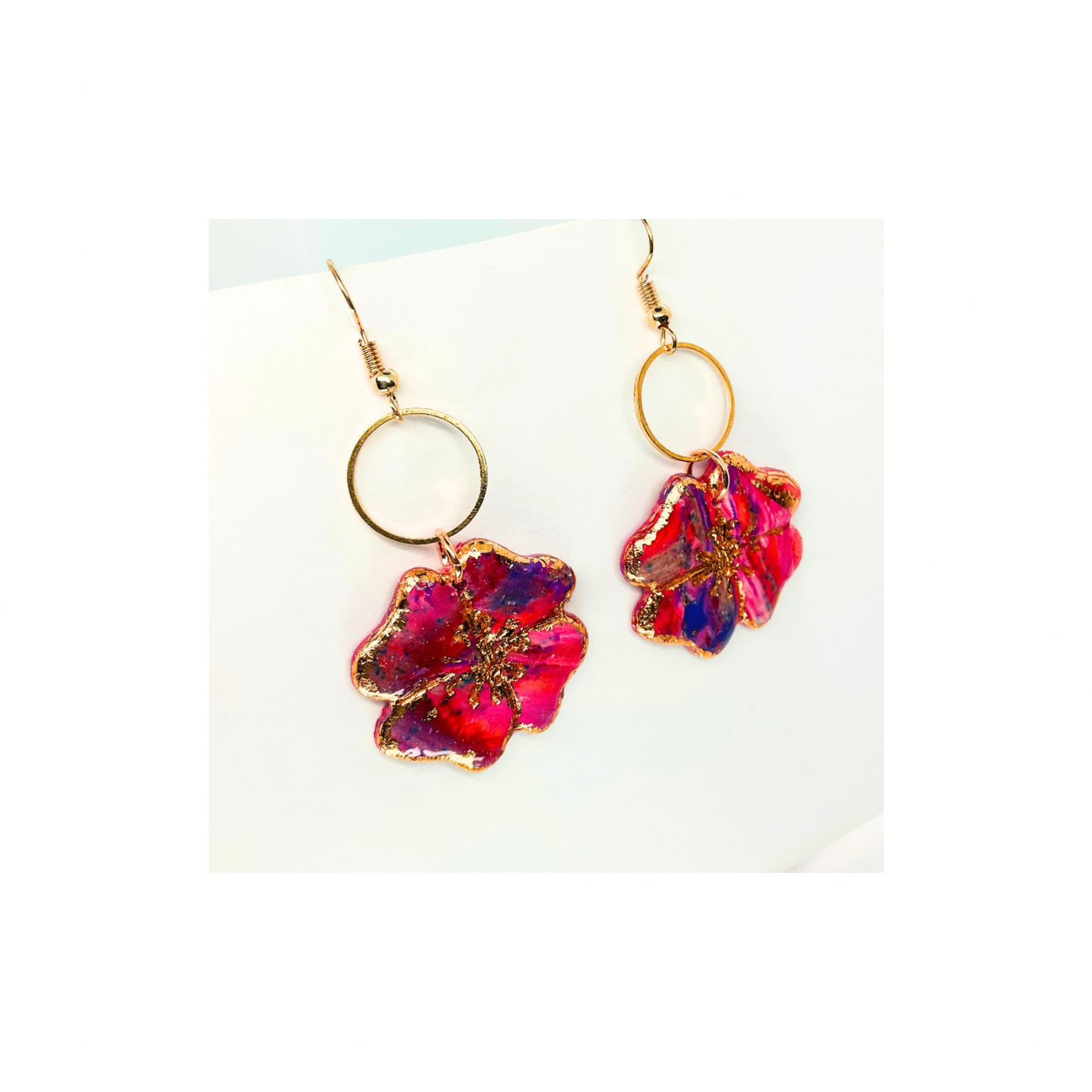 Rose Gold Collection Four-Conner Flower Dangle Earrings with Vibrant Floral Design and Gold Circle Frame