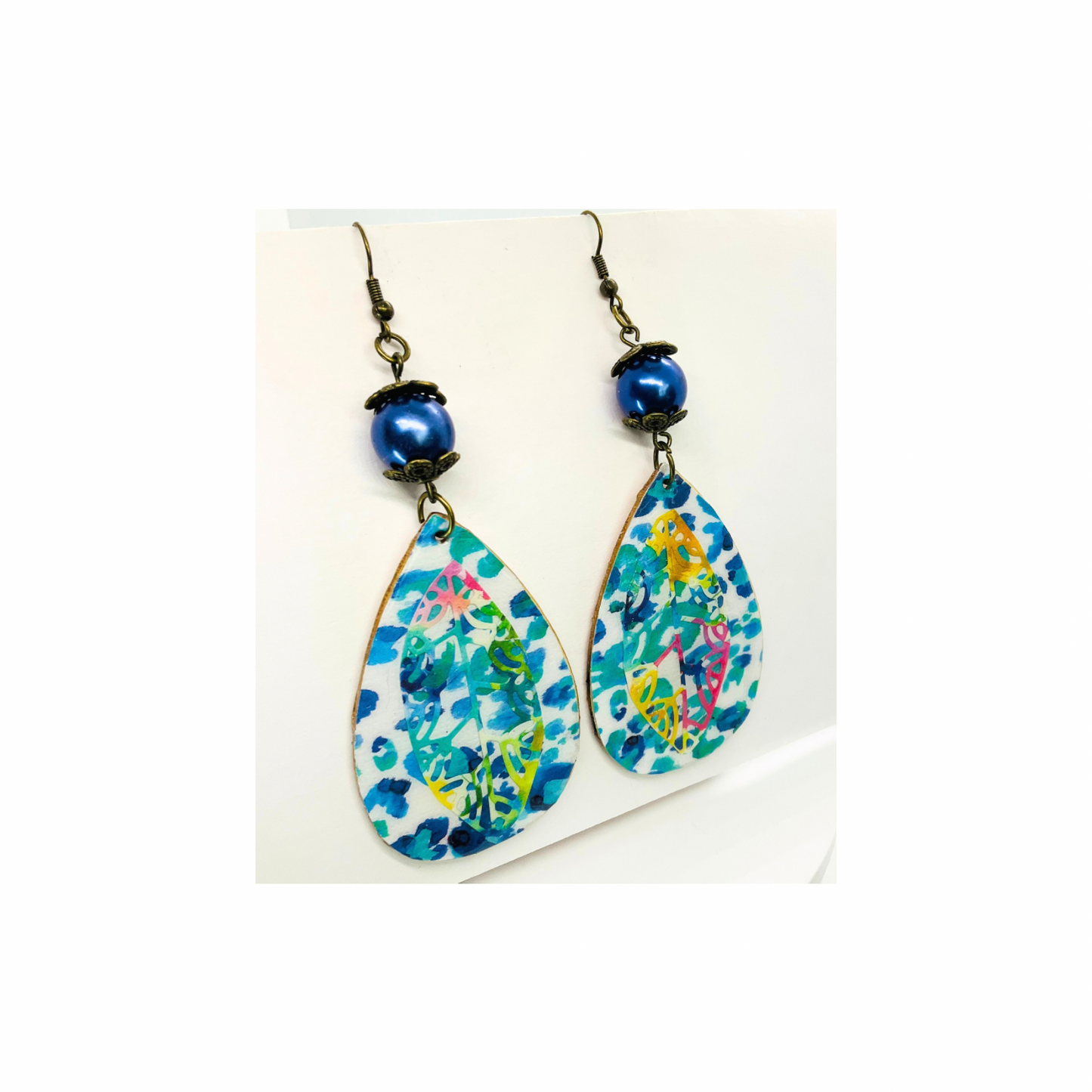 Boho Floral Teardrop Earrings Handmade Wood & Decoupage Layered Flower Cardstock Pearl Blue Bead Bronze Accents Boho Style Jewelry