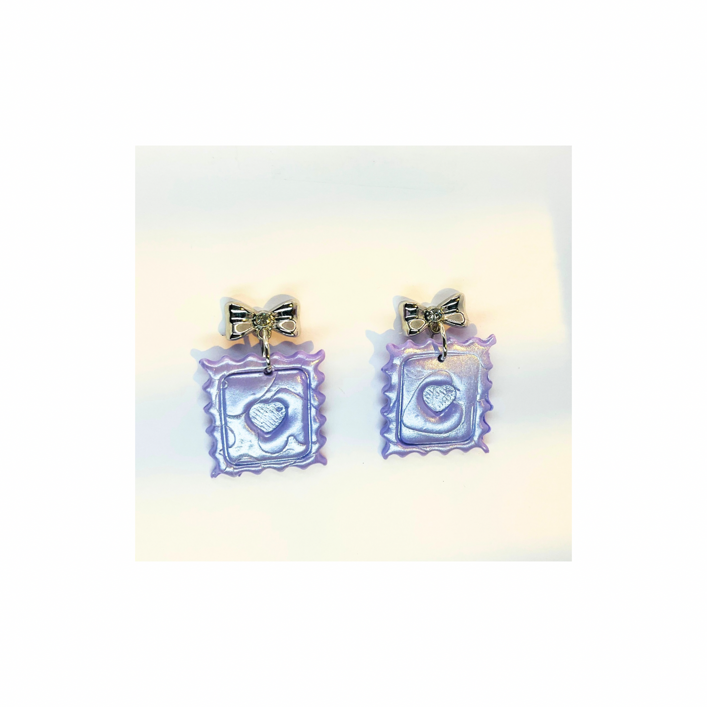 Lilac Iridescent Heart Stamp Dangle with Silver Bow Stud-Crafting By BB