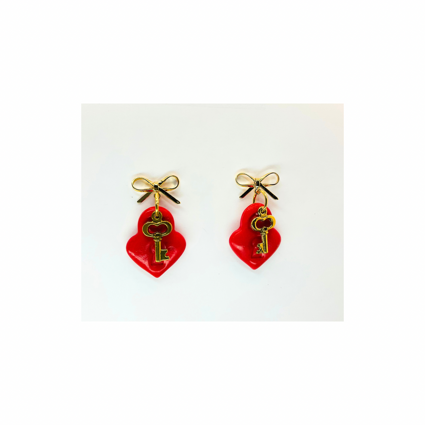 Red Heart Lock Dangle with Gild Key Charm and Bow Stud Earrings-Crafting By BB