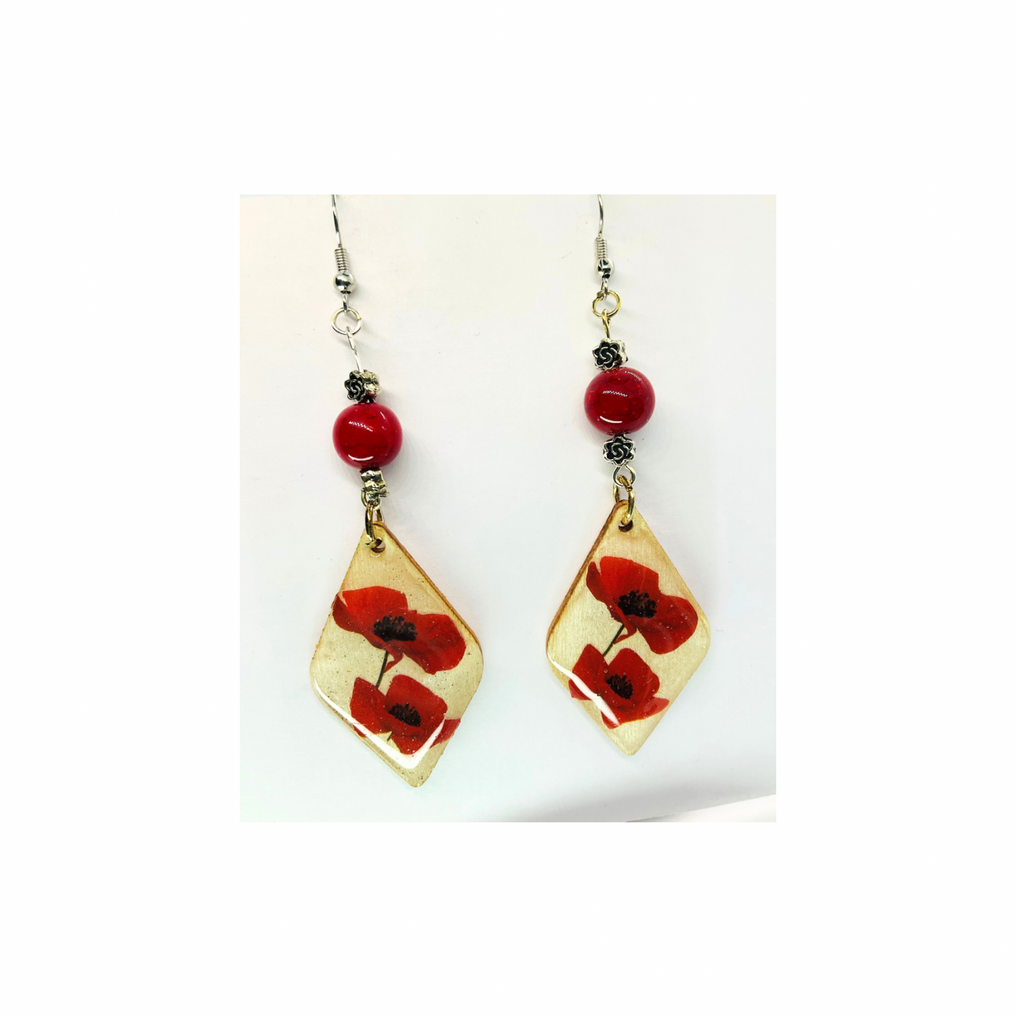 French Garden Collection Wood Diamond Shape with Red Flowers and Red Bead Dangle Earrings