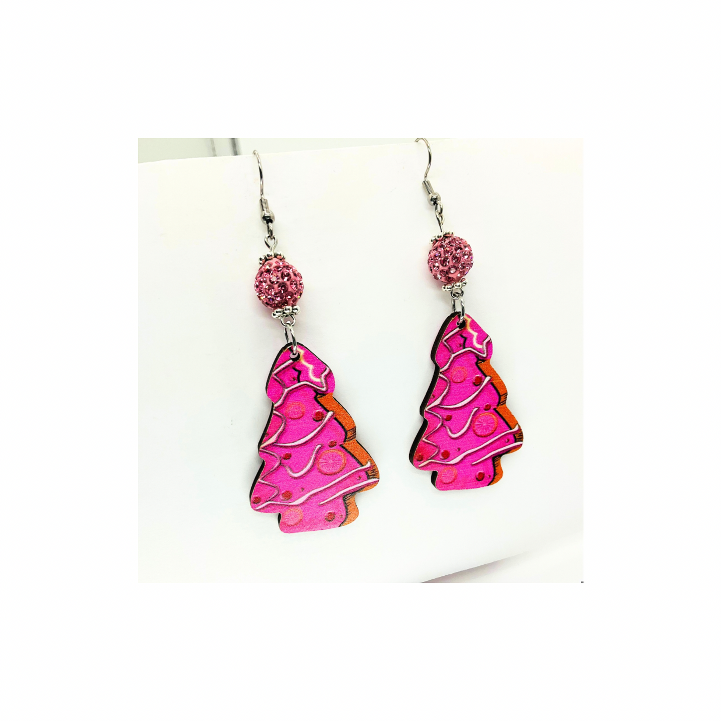 Pink Wood Christmas Tree Earrings with Pink Sparkle Bead Dangle for Festive Season