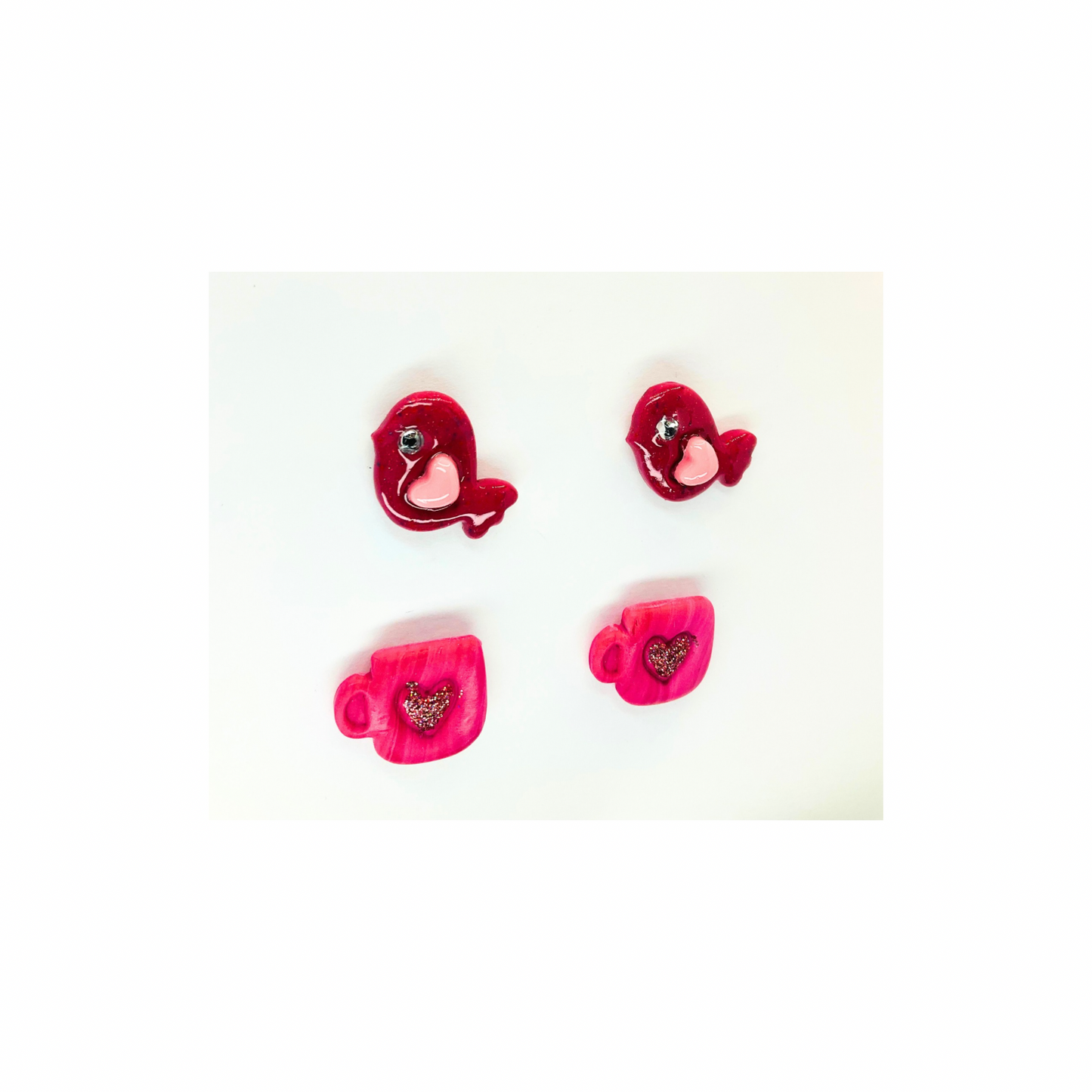Pink Heart Birdie and Pink Cup Stud Earrings-Crafting By BB