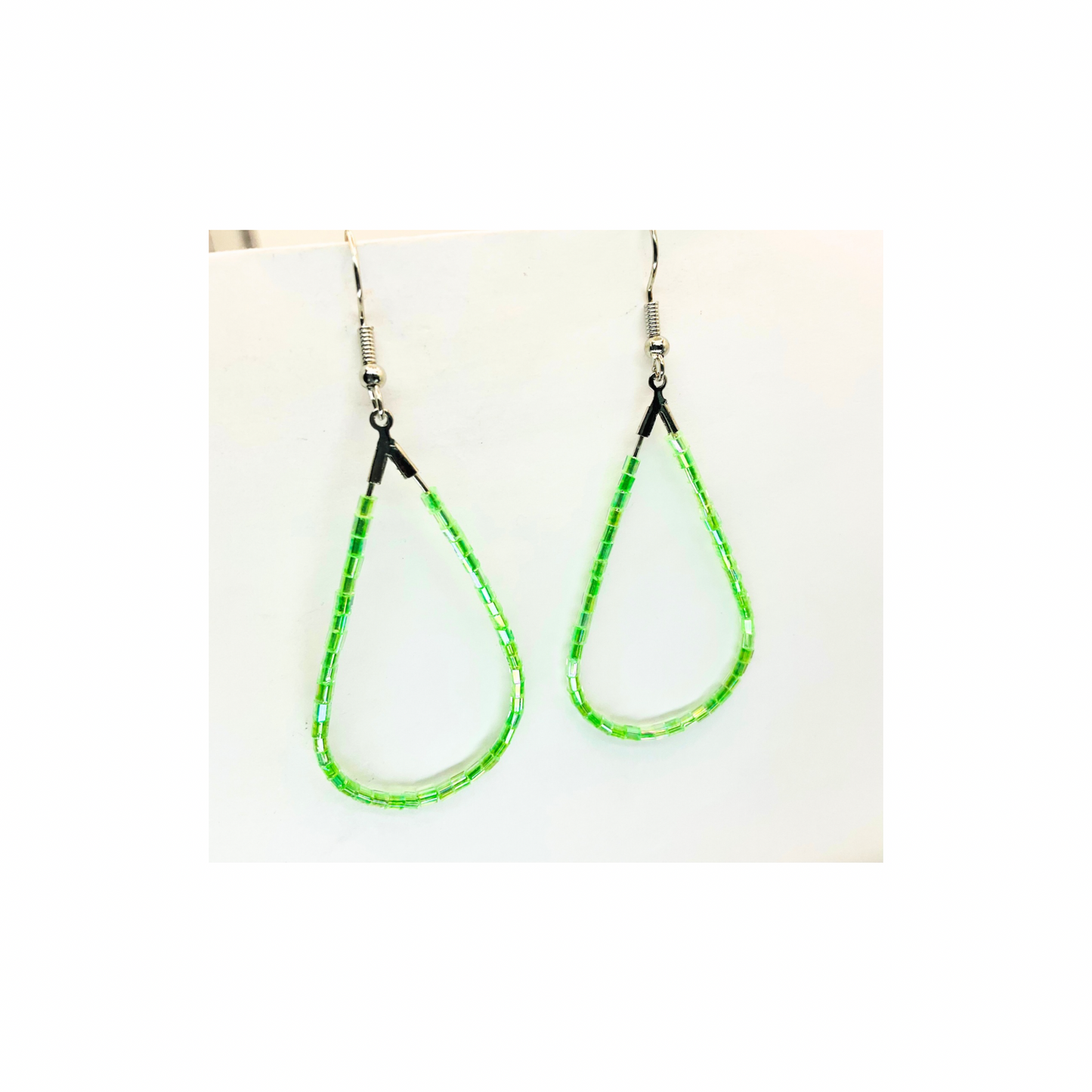 Lime Green Bugle Bead Teardrop Dangle Earring