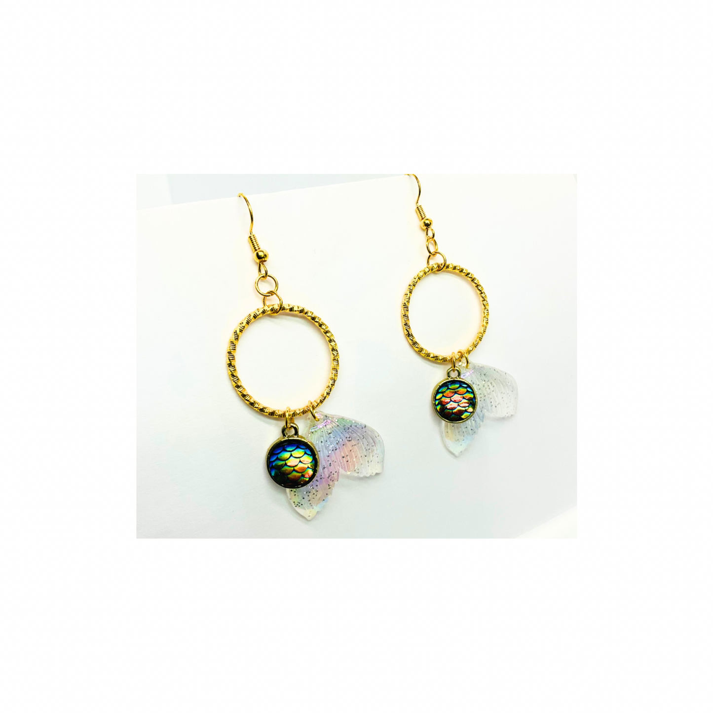 Mermaid Collection Iridescent Tail with Charm Dangle Earrings Sparkling Gold Hoop Design for Fantasy Enthusiasts
