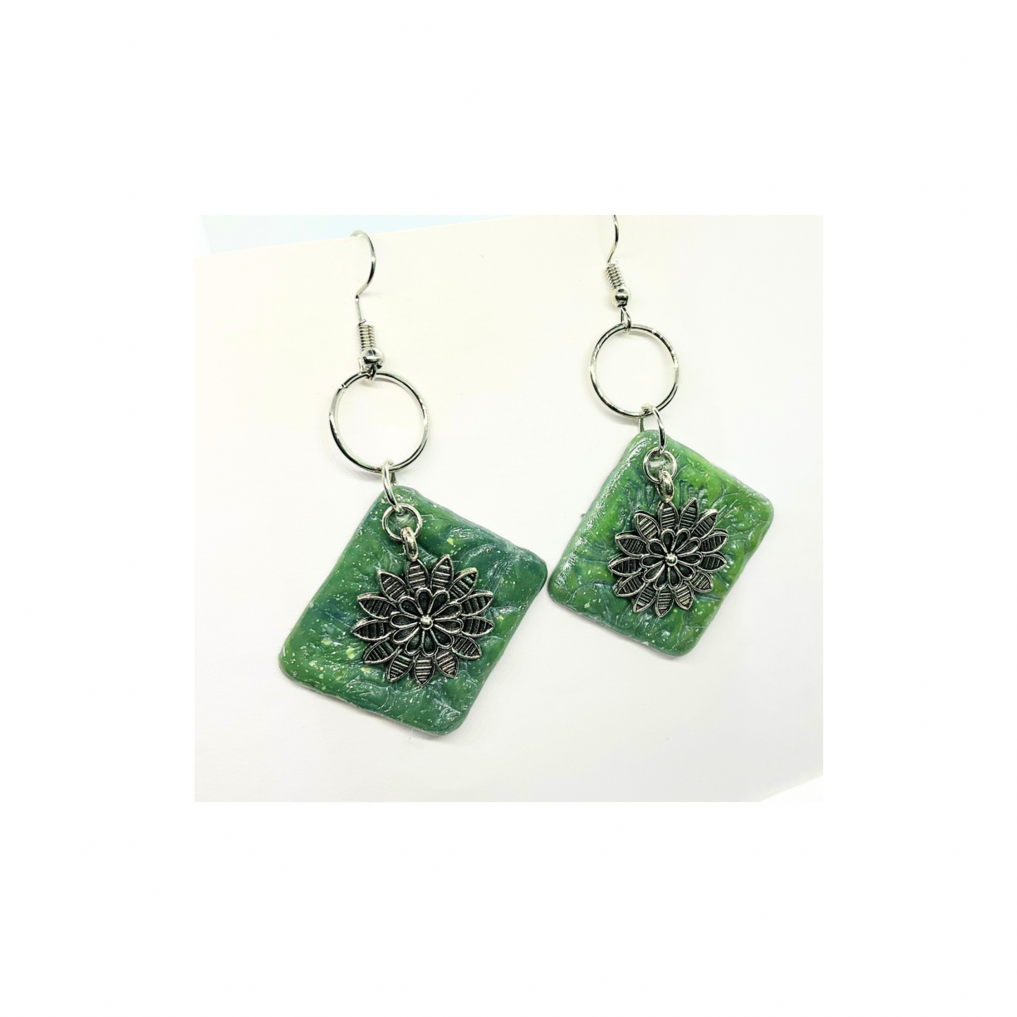 Jade Green Color Square with Silver Flower Charm Dangle Earrings Unique Design Jewelry Accessory for Female