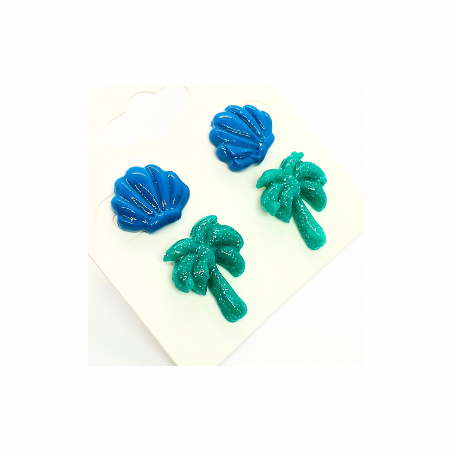 Ocean Collection Blue Shells & Green Palm Tree Stud Earrings - Unique Design Jewelry for Women