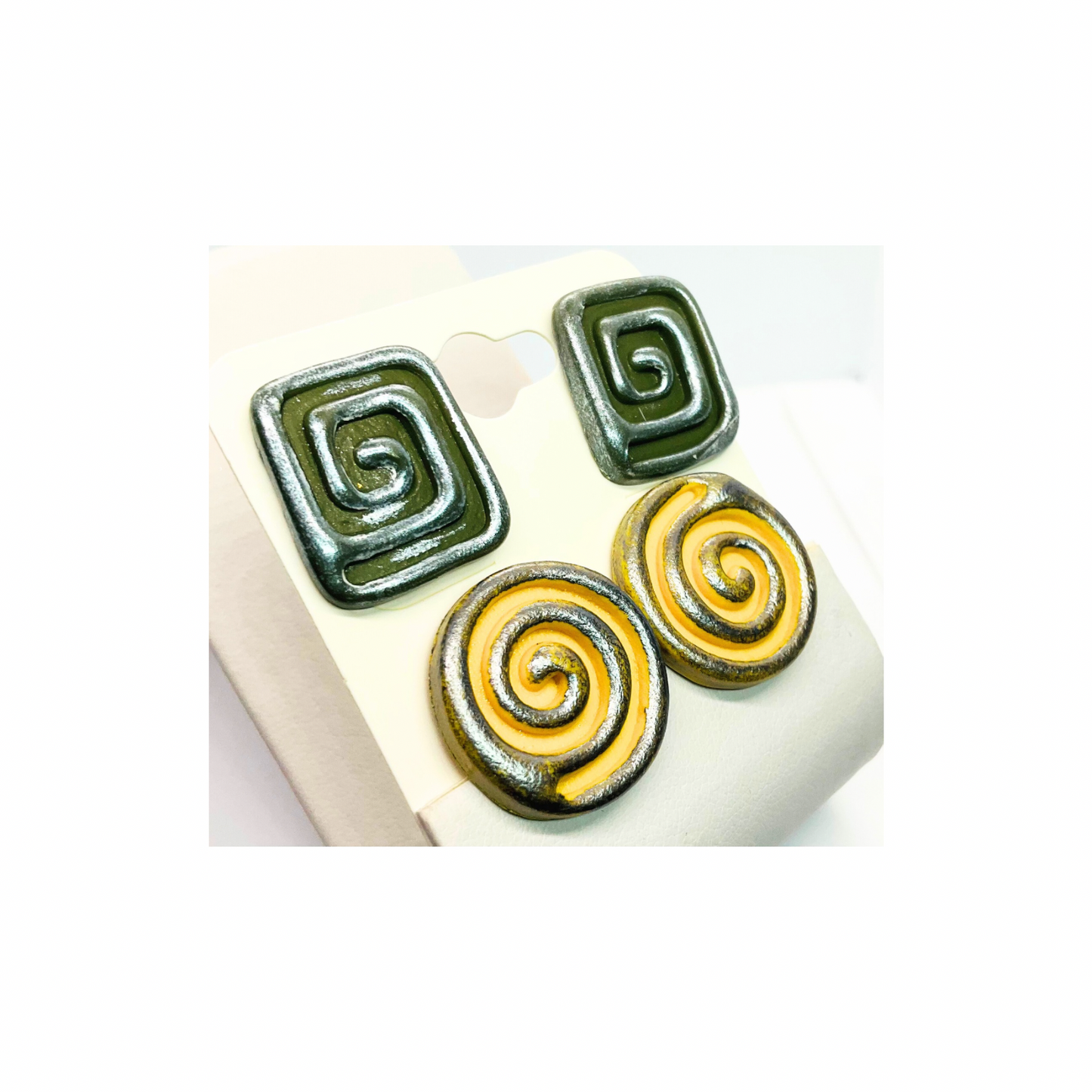 Swirl Stud Earrings in Army Green and Yellow with Silver Accents