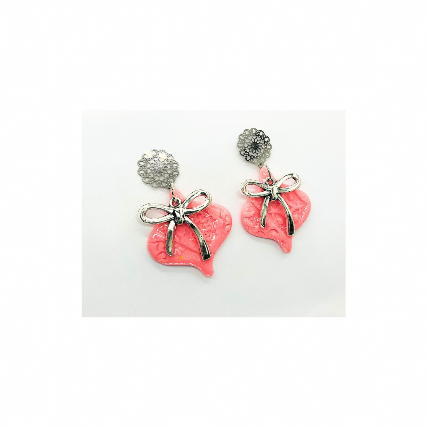 Pink Ornament Earrings with Silver Bow and Stud Dangle for Women
